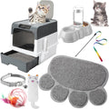 7 Pcs Small Cat Kitten Starter Kit Cat Litter Box with Shovel Paw Litter Mat Double Automatic Bowls Toy Teaser Stick Kitten Collar Essentials Kits for 1-3 Lbs Beginner(Gray)