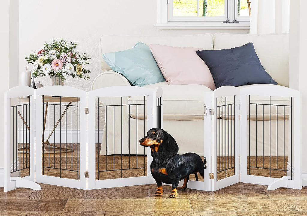 Free Standing Dog Gates for Doorway, Stair, Indoor, Foldable, 24" H | Wooden Small Puppy Pet Gate, Step Over Fence for the House, 60" Wide, Front Door, Kitchen, Living Room, 3 Panels,White - view 8