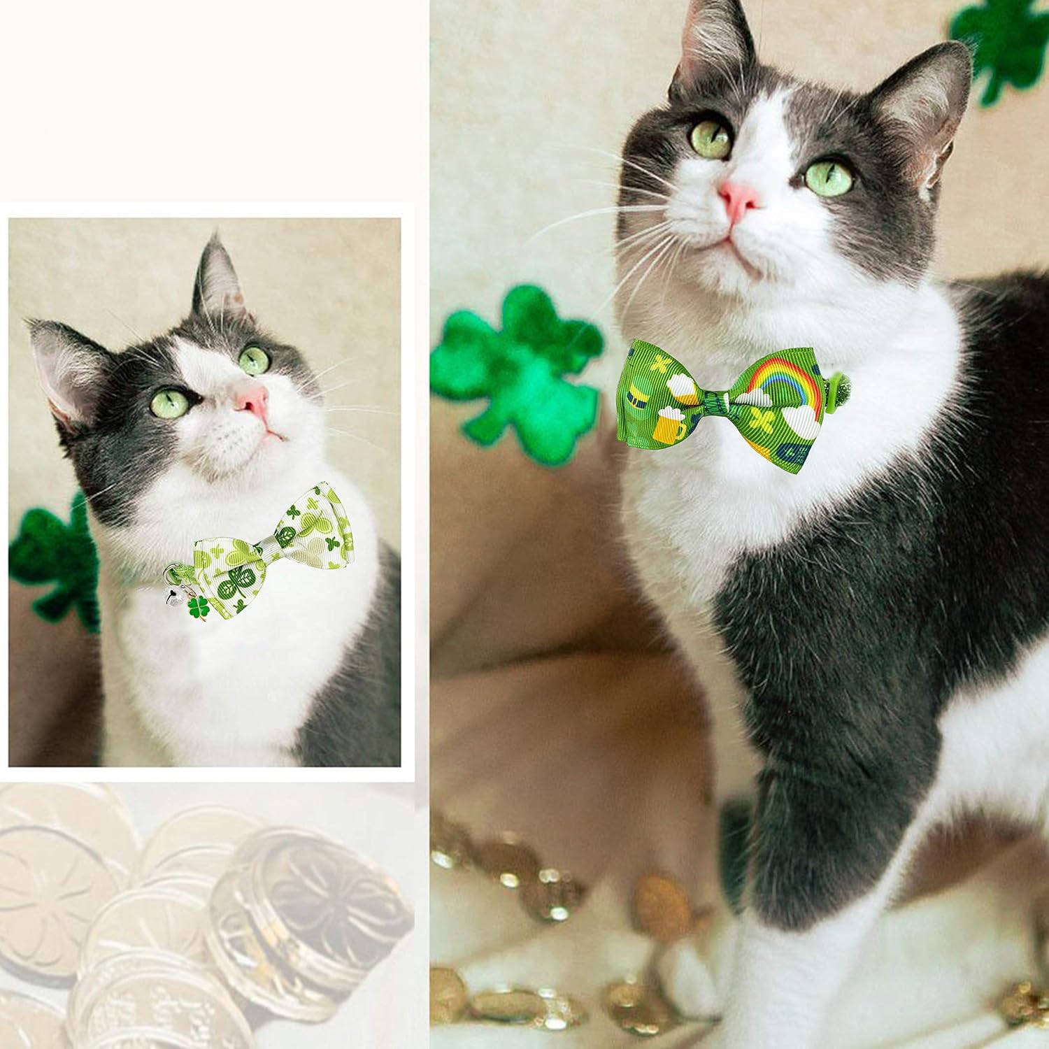 2 pack St. Patrick's cat collar with bow tie and bell, kitty kitten breakaway lucky Irish shamrock collar for girls and boys male female cats (the lucky one) - view 6
