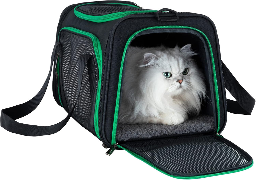 Pet carrier bag for cats & dogs. Airy mesh windows let fur-kids see you reduce anxiety & breath easy. Rip-stop fabric & lockable zips hug securely. Washable comfy pad. Collapsible