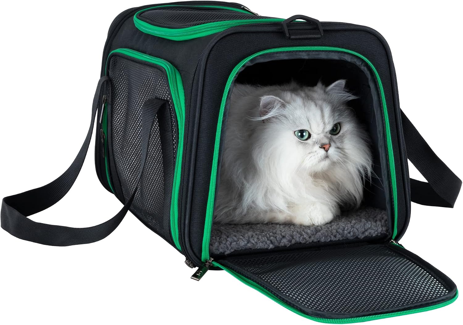 Pet carrier bag for cats & dogs. Airy mesh windows let fur-kids see you reduce anxiety & breath easy. Rip-stop fabric & lockable zips hug securely. Washable comfy pad. Collapsible