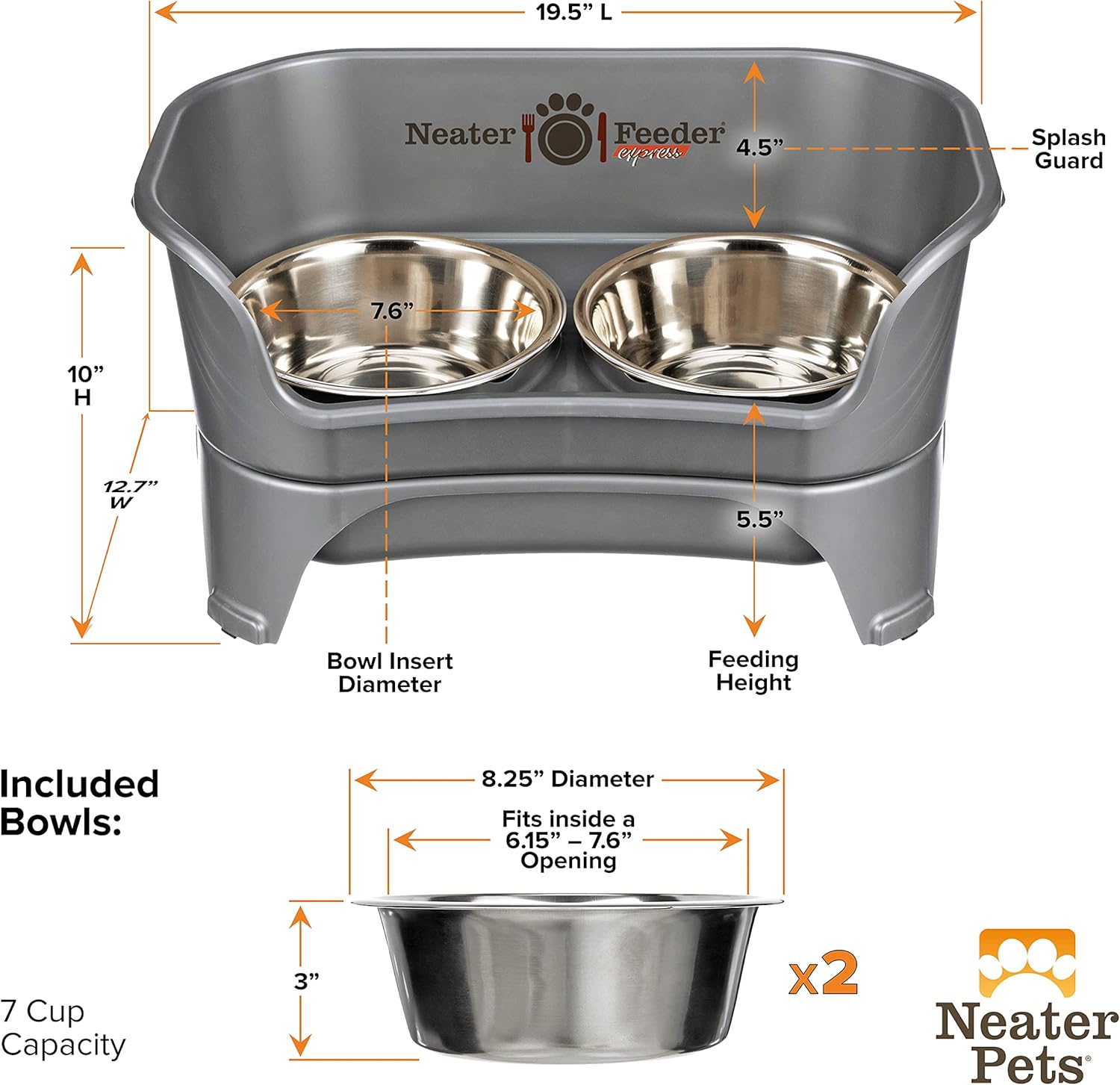 Express Mess Proof Dog Bowls Elevated for Medium to Large Sized Breed, No Spill Raised Dog Food Bowl Stand, Stainless Steel Food and Water Bowl Set, Pet Dish Feeding Station, Grey - view 7