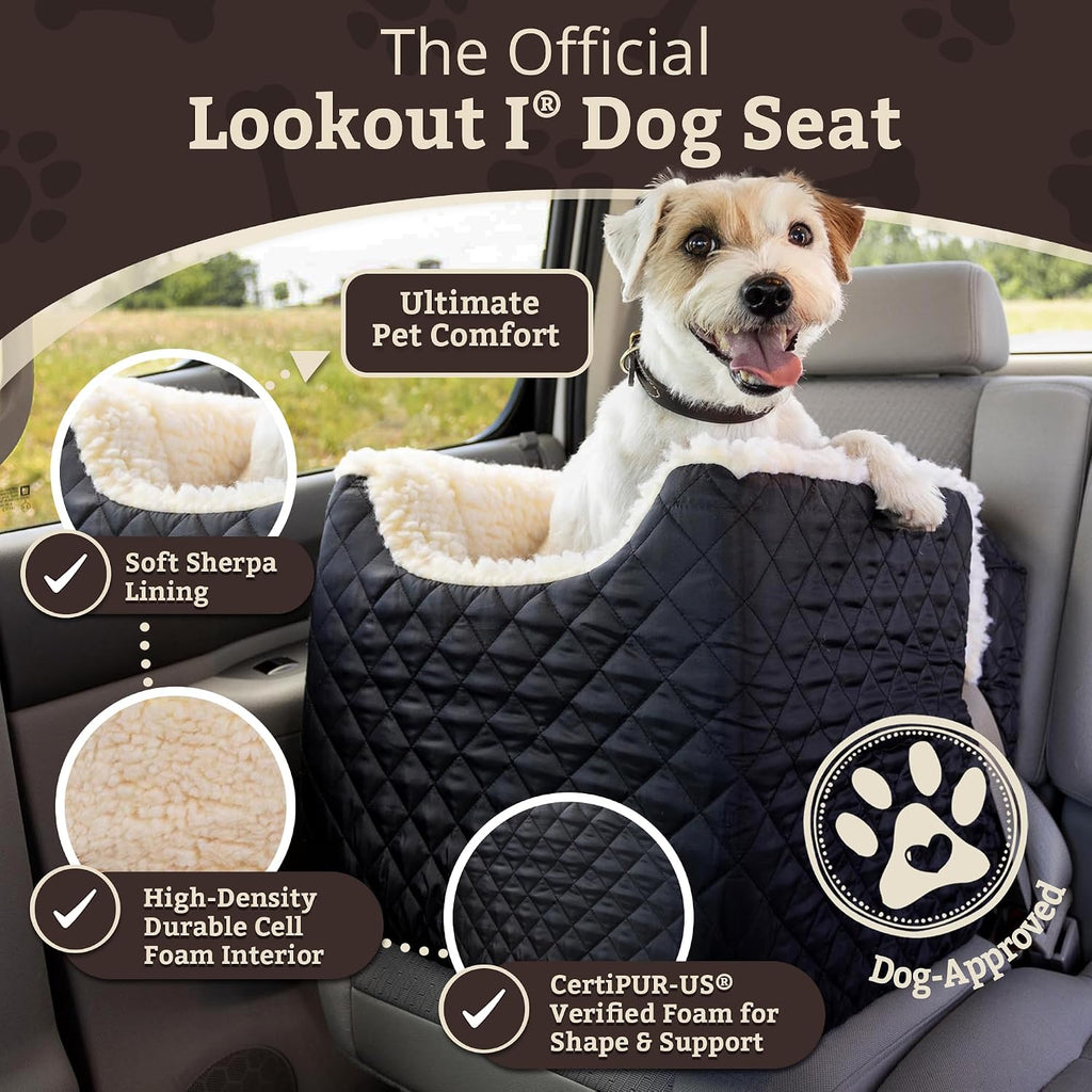 Lookout I Car Seat - Dog Car Seats for Small Dogs, Puppy Booster Bed for Small & Medium Sized Pets Up to 25 Lbs, Elevated, Washable - Medium, Black Quilted | Dog booster car seat, Elevated view helps alleviate travel sickness & fear, Removable washable co - view 2