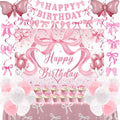 Pink Bow Birthday Decorations for Girls Women, Coquette Birthday Decorations, Pink and White Happy Bday Banner Backdrop Balloons Tablecloth Hanging Swirls Cake Toppers, Bows Theme Party Decor Girl