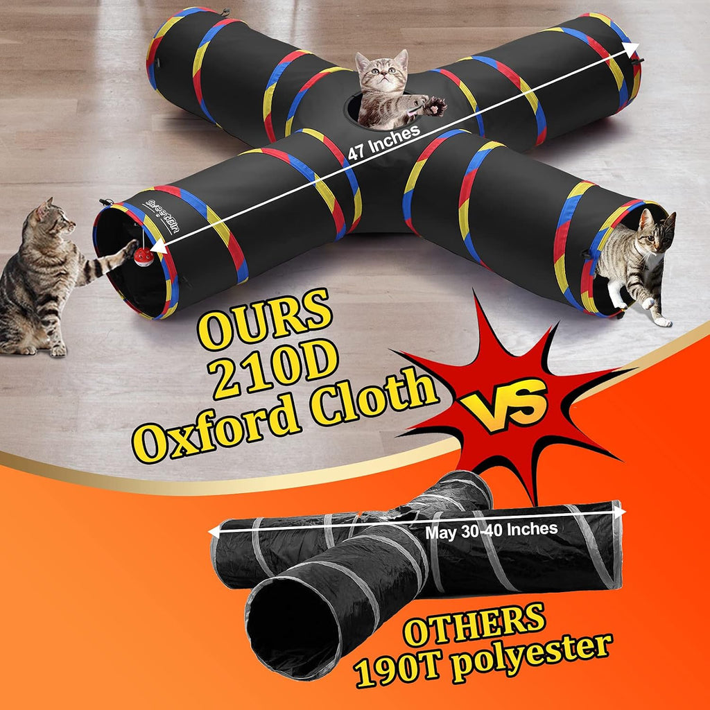 4 Way Large Cat Tunnels for Indoor Cats - 10" Diameter & 47" Long Play Tunnel Toy - Cat Tube with Play Ball & Mouse Toy - Interactive Peephole (Black) - view 3