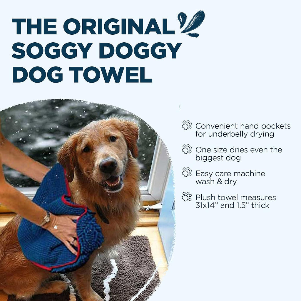 Super shammy dog towel - microfiber chenille towel for drying dogs and cleaning paws - fast drying with hand pockets for ease (blue/red trim, 31" x 14") | hand-pocket design; noodle-texture chenille; gentle on paws & skin; for bath time, beach - view 5