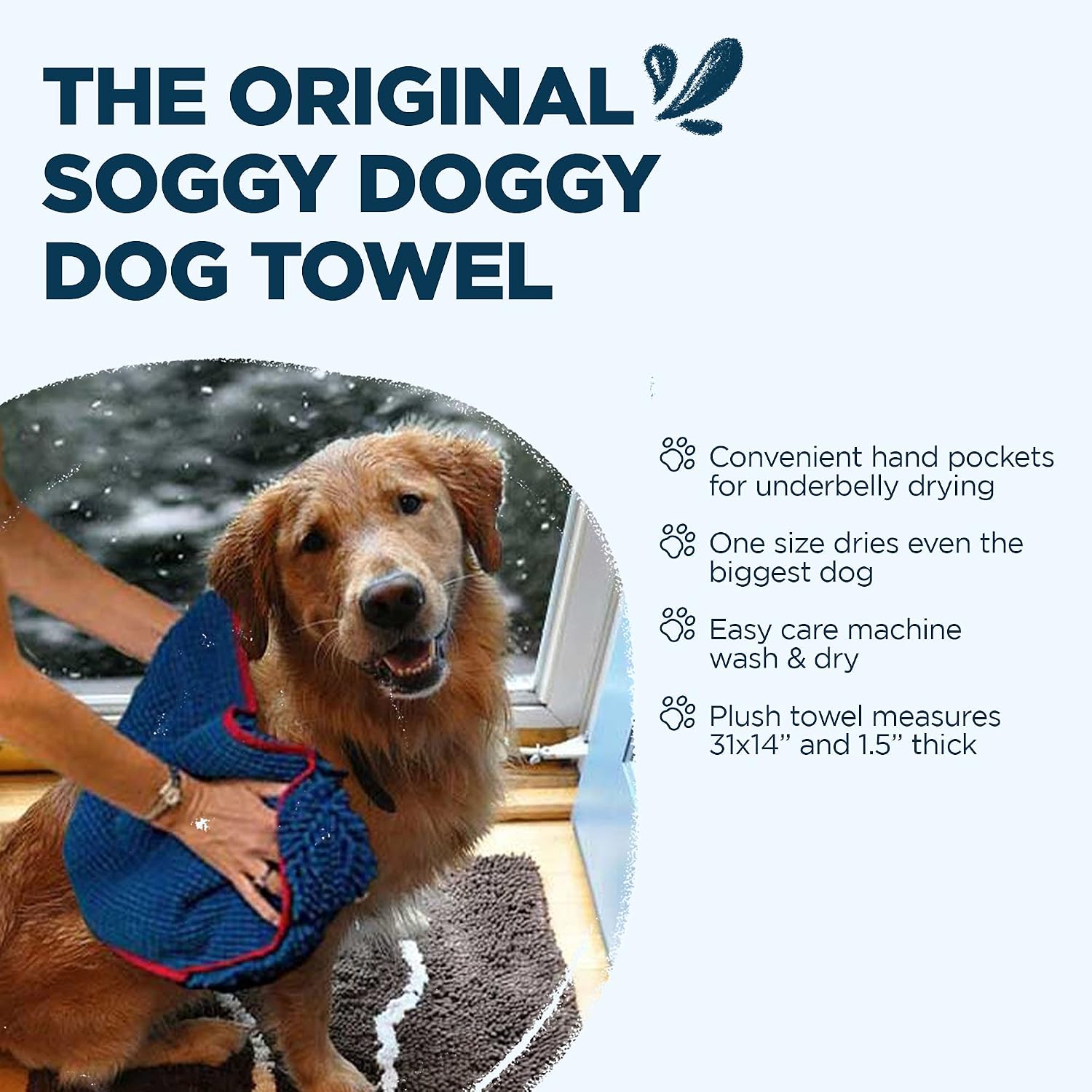 Super shammy dog towel - microfiber chenille towel for drying dogs and cleaning paws - fast drying with hand pockets for ease (blue/red trim, 31" x 14") | hand-pocket design; noodle-texture chenille; gentle on paws & skin; for bath time, beach - view 5