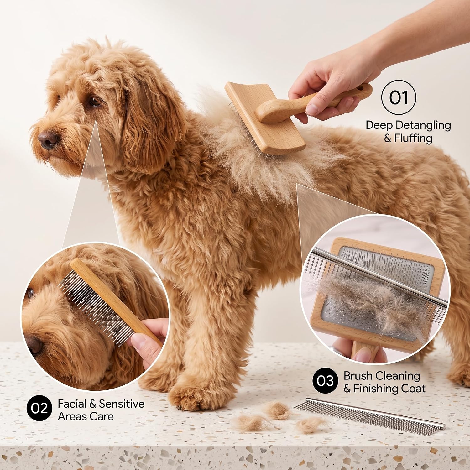 Wooden long pin slicker brush for dog, poodles & doodles long hair | grooming, fluff & detangle heavy dense wavy curly coats to easily prevent severe hair matting during shedding seasons - view 3