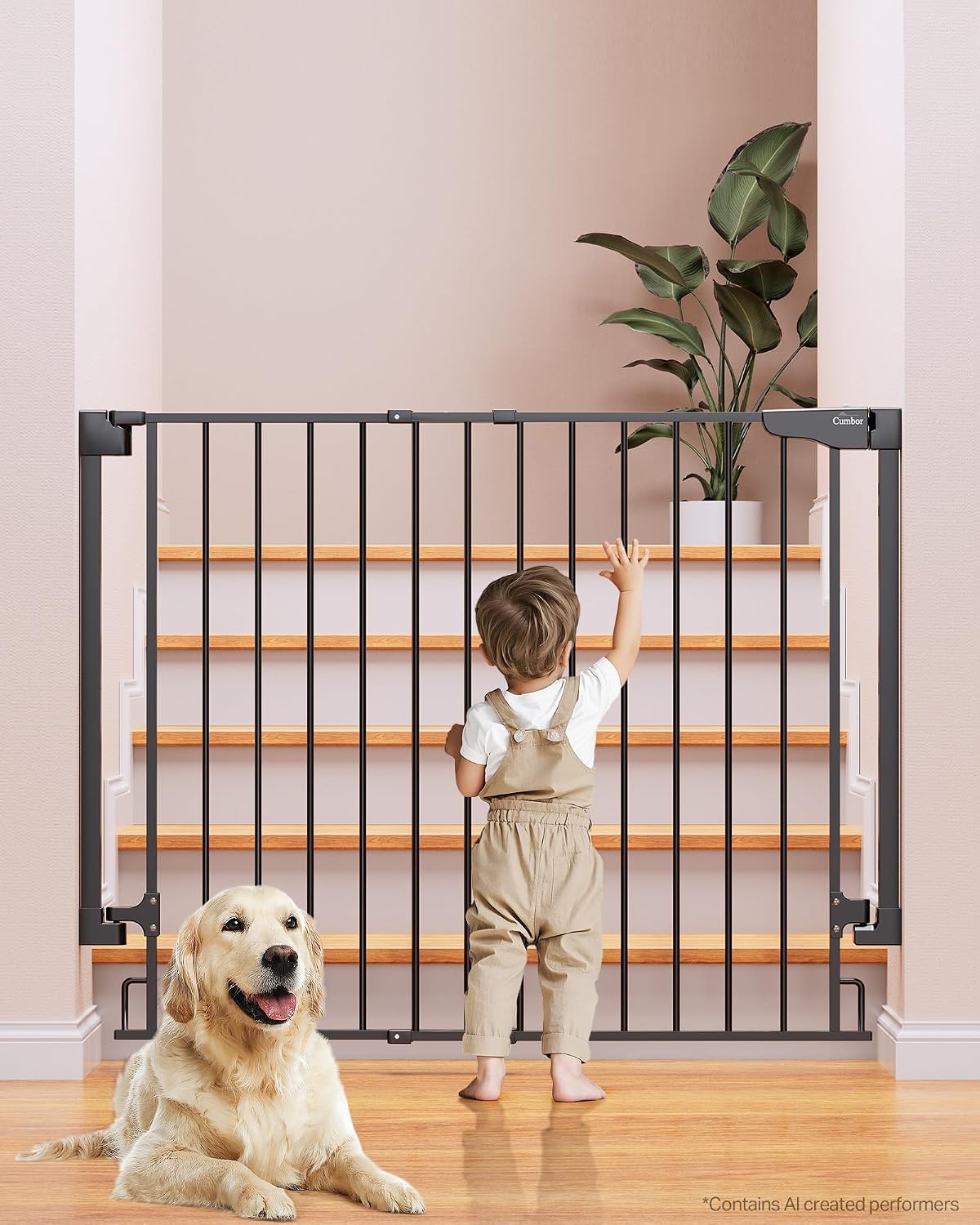 Expandable 31.6-48" No Bottom Bar Baby Gate for Stair, Wide Dog Gate | 2-in-1 Hardware Mounted, 28" Tall Pet Gate for Doorways with Large Walk Thru Door, Child-Proof Safety Gate for Kids (Black) - view 5