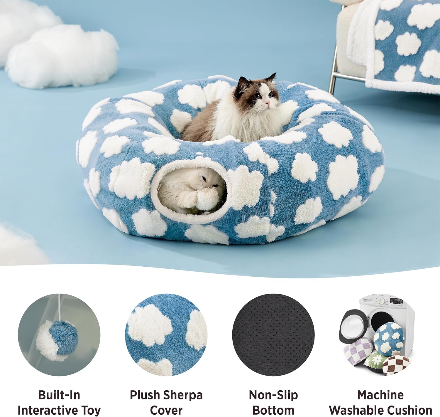 Donut cute jacquard cat tunnel bed kitten toys for puppy bunny | 33.5x33.5x10in, round cat bed tube for indoor cats rabbit dog, pet peekaboo cave toy, spiral hideaway, washable cushion, blue - view 3