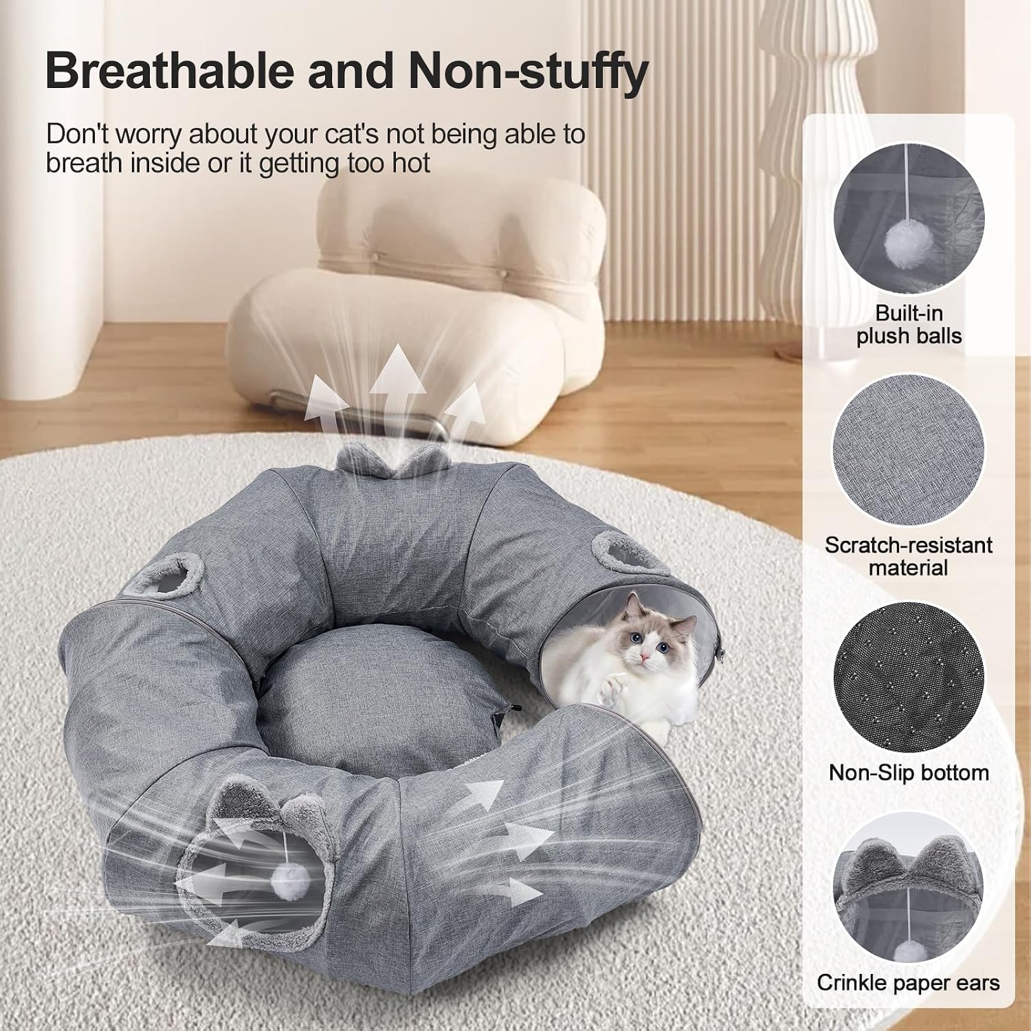Linen cat tunnels with central cat bed, interactive cat toys detachable washable soft mat large indoor play tunnel cave for kittens and small animals - view 6