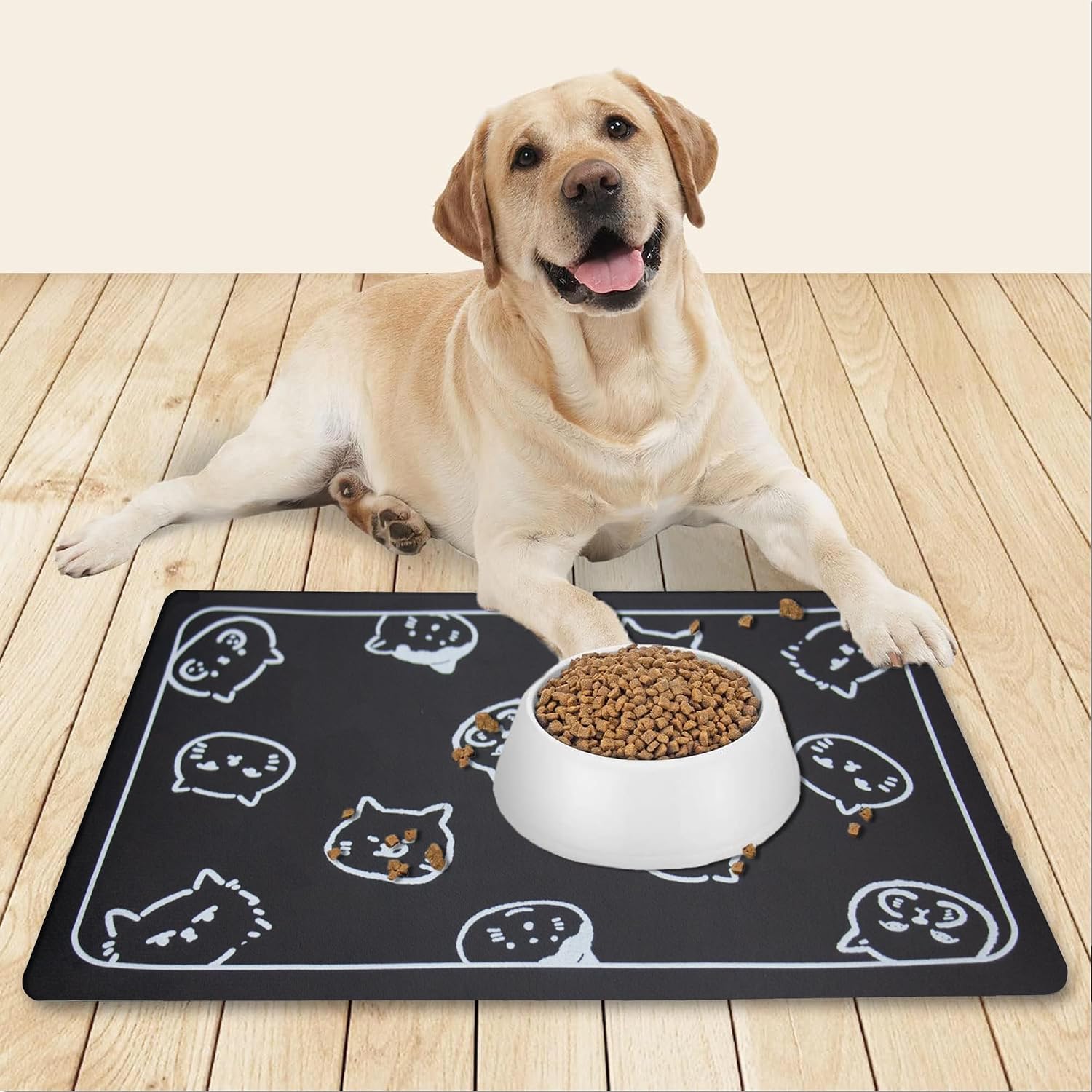 Cat Food Mat for Pet Dog Feeting Mats, Cat Mat for Food and Water, Non-Slip Super Absorbent, with Multiple cat Heads Logo，18.1 x 11.8 inches, Dark Grey - view 8