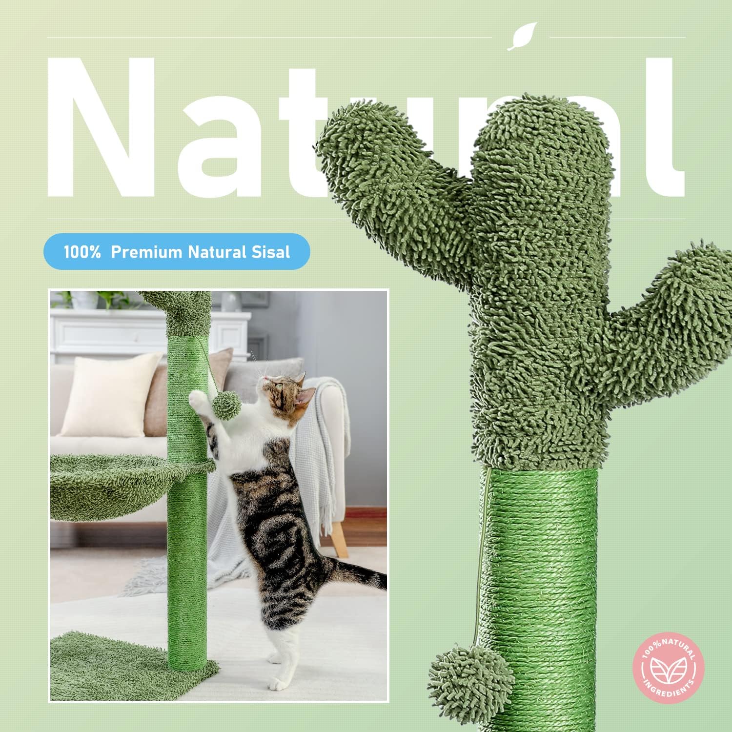 Cactus cat scratching post, 33" cat tree with hammock & scratch | tall cactus scratcher with large 15.7" dia hammock, dangling ball & durable sisal posts for indoor & large cats - view 5