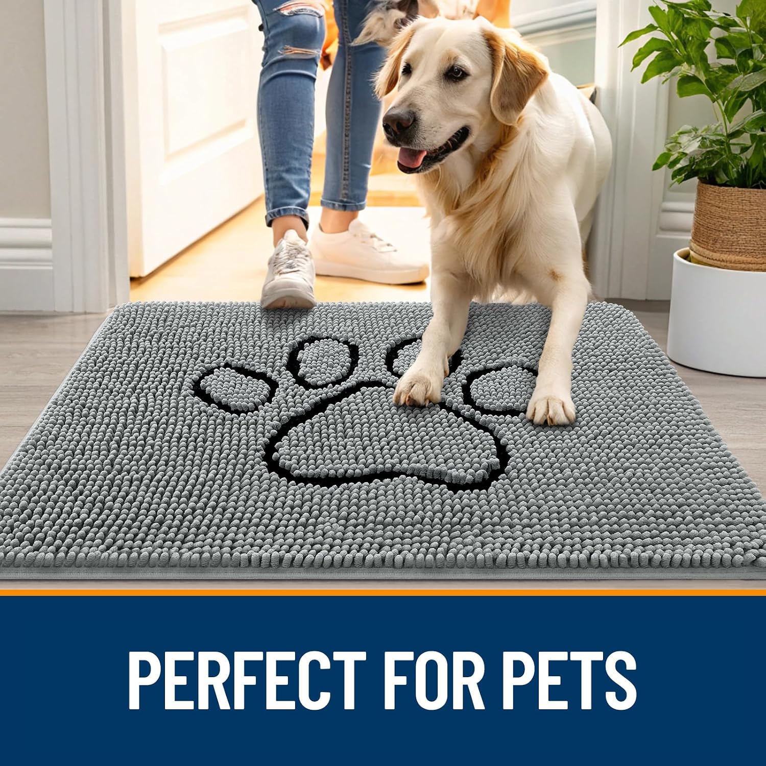 Dog Door Mat for Muddy Paws 30x20, Paw Print Design Chenille Mud Mat | Grey, Super Absorbent, Traps Moisture and Dirt, Non-Slip Washable Doormat, Quick-Drying Indoor Entryway Floor Carpet for Dogs - view 6