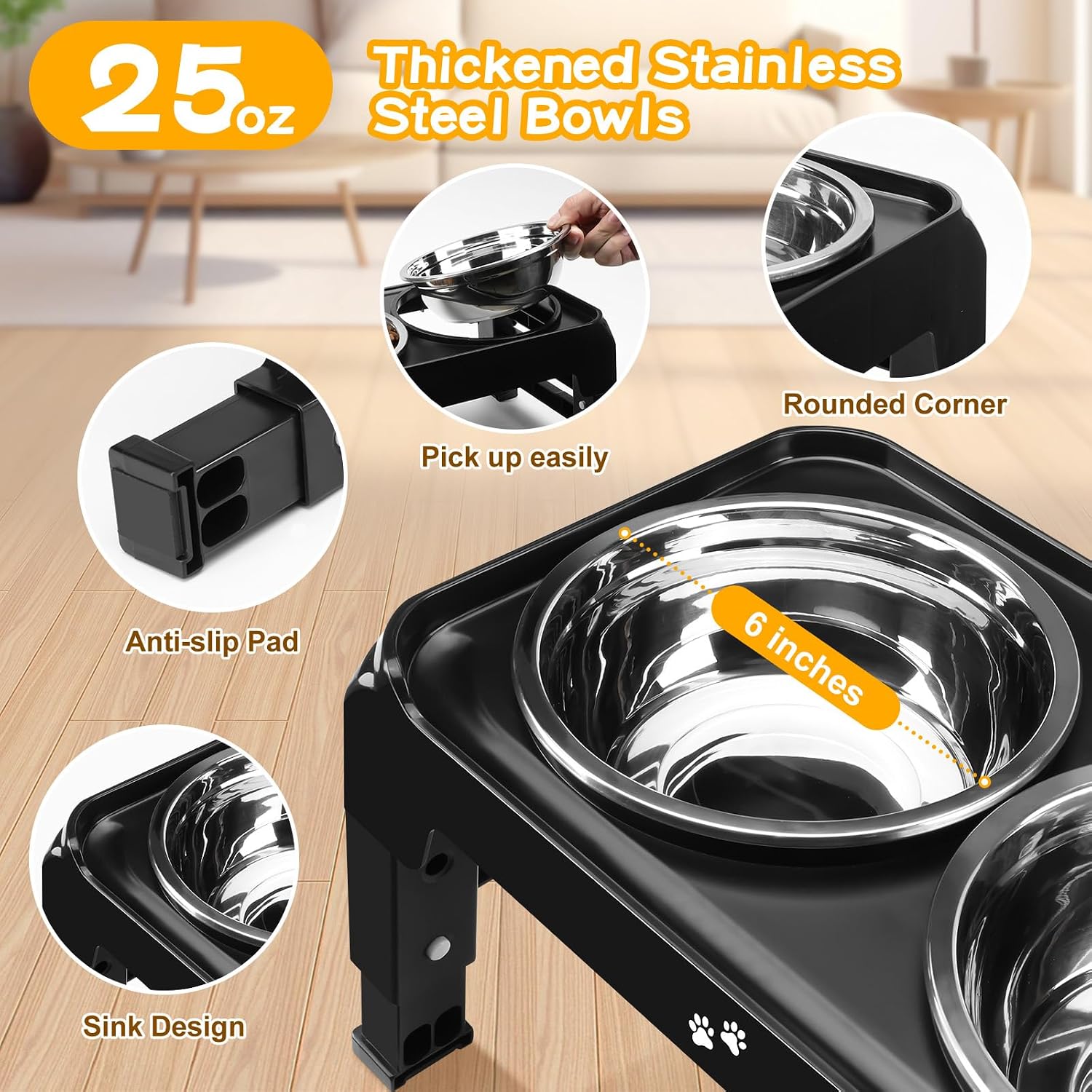 Elevated Dog Bowls for Small Medium Dogs, 3 Height Adjustable Raised Stand with 2 Thick 6" Stainless Steel Food Bowls, Non-Slip Feeder Adjusts to 2.75", 6", 7.5", Black - view 3