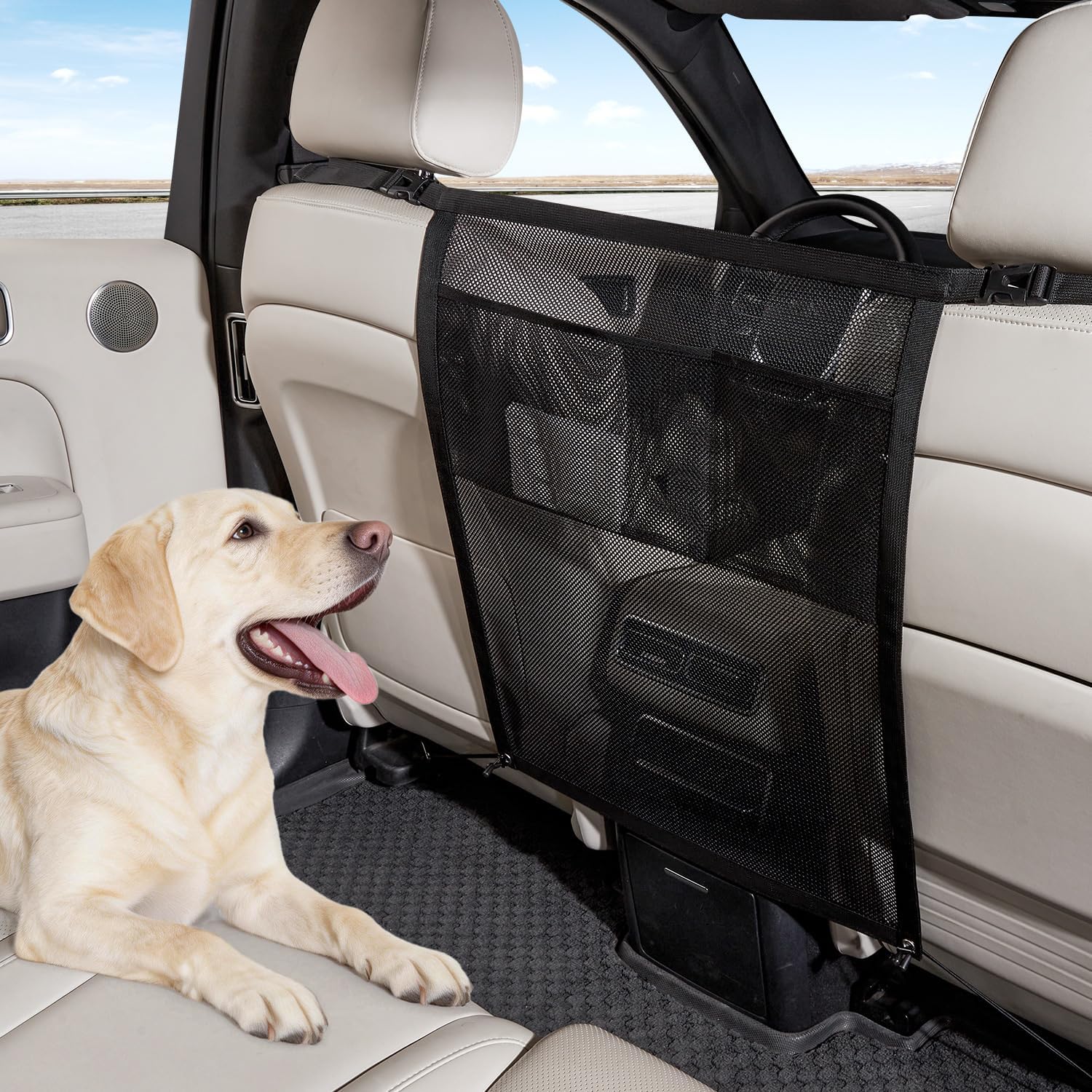 Dog Car Barrier,Dog Net for Car,Pet Divider Barrier for Car/SUV/Truck | with Mesh Organizer,Large Barrier Area,Adjustable Straps,Sturdy Easy to Install, Scratch-Resistant,Keep Dogs in Back Seat