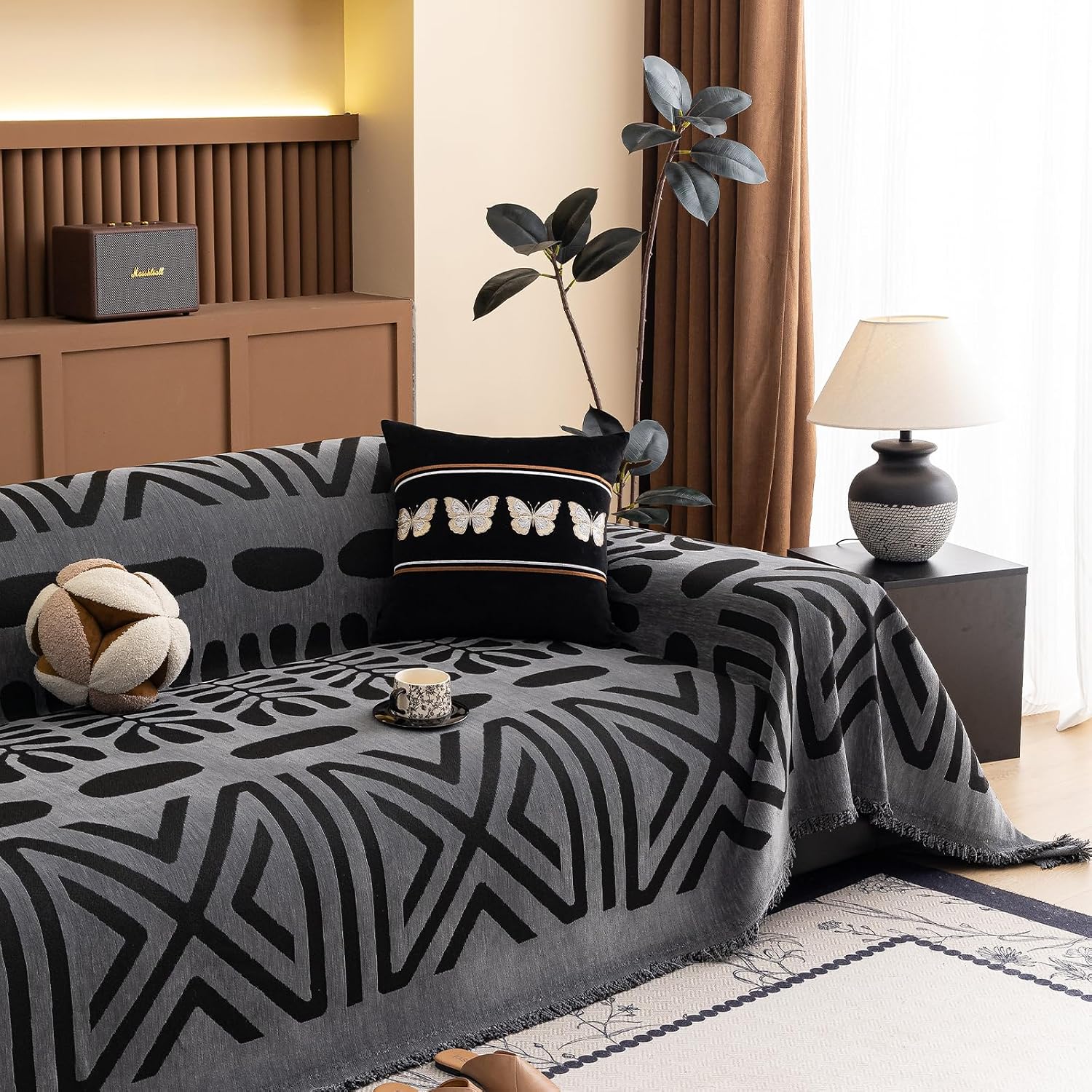 Boho Couch Cover Blanket Geometric Striped Pet Covers for Couches and Sofas Dark Grey and Black Dog Cover for Couch Pet Friendly Chenille Sectional Sofa Covers for Pets Washable, 71" X150"