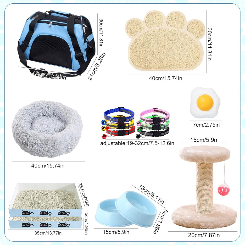 Kitten starter kit, 37 pcs of kitten starter kit for indoor kittens, cat essentials including cat bed, carrier, litter mat, litter box, collar, bowls, cat toys and others (blue) | cat starter kit includes bed, carrier, litter mat, litter box, collar, bow - view 3