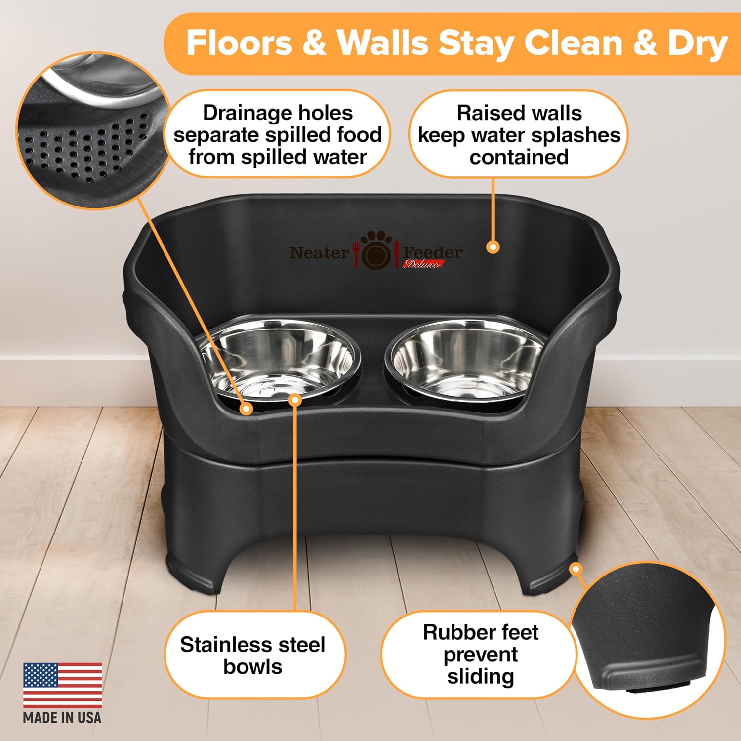 Neater Feeder Deluxe Mess Proof Dog Bowls Elevated for Large Dogs Over 40 lbs, Made in USA, No Spill Raised Dog Food Bowl Stand Feeding Station, Food and Water Bowl Set, Black - view 5