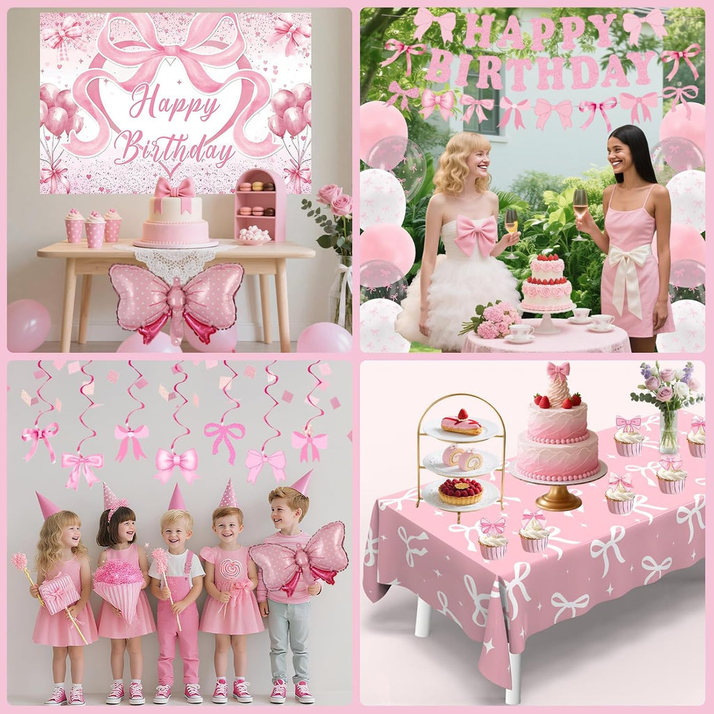 Pink Bow Birthday Decorations for Girls Women, Coquette Birthday Decorations, Pink and White Happy Bday Banner Backdrop Balloons Tablecloth Hanging Swirls Cake Toppers, Bows Theme Party Decor Girl - view 6
