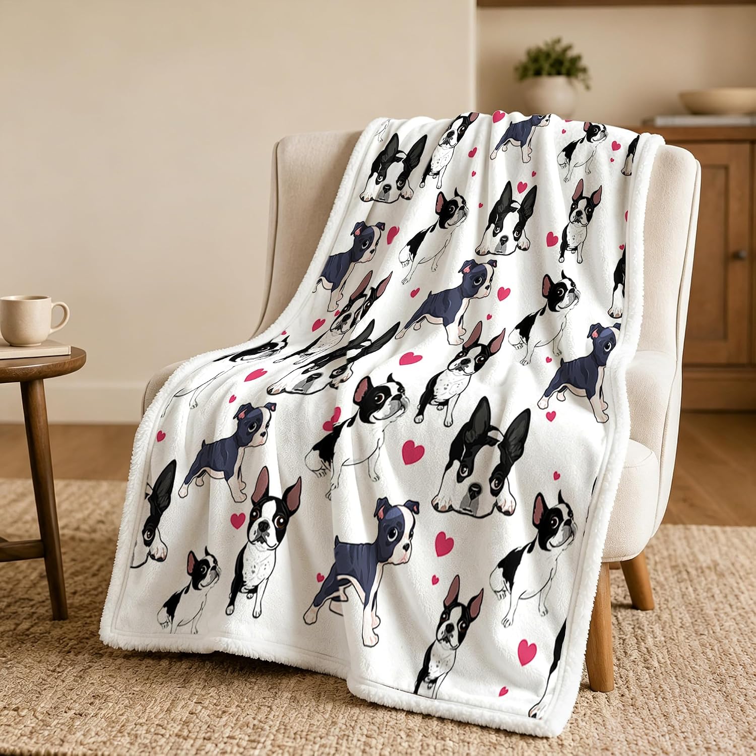 50x60 Sherpa Fleece Throw Blanket, Boston Terrier | sherpa fleece. boston terrier print; for couch, bed, or sofa.