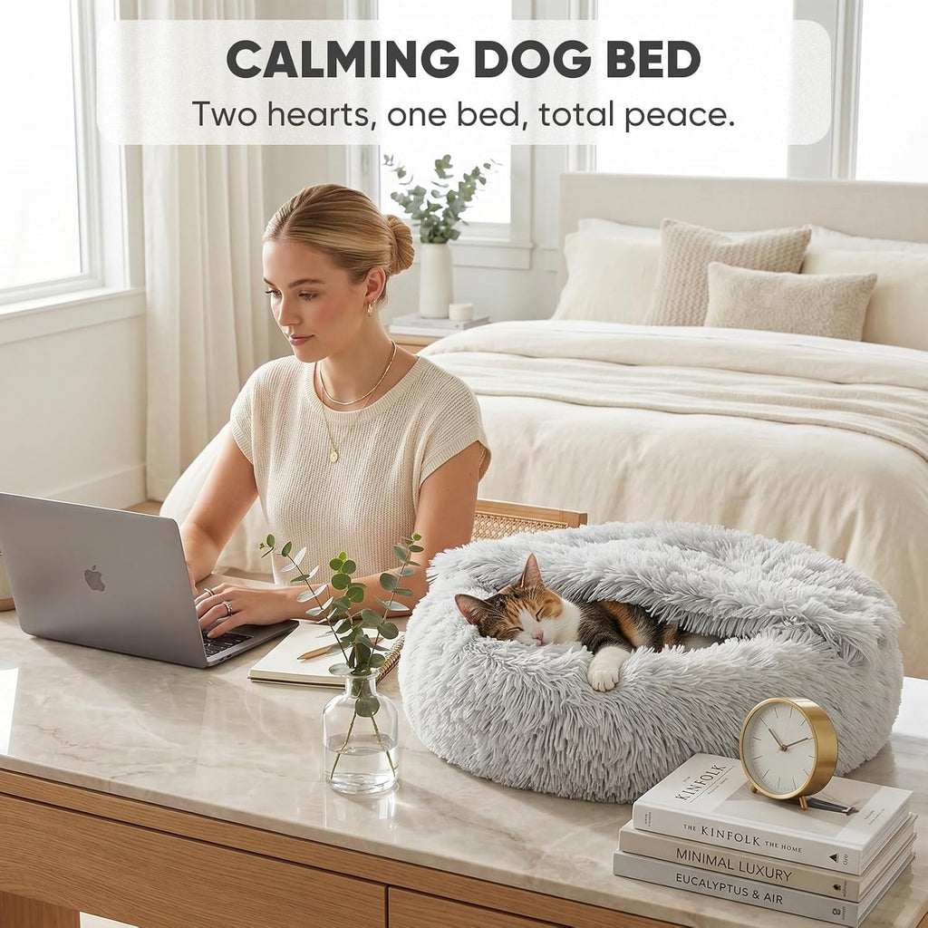Small cat & dog bed with cover, calming dog bed for small dogs, anti-anxiety donut dog bed with attached blanket, washable round fluffy pet bed (20"/26"/35"), light grey - view 4