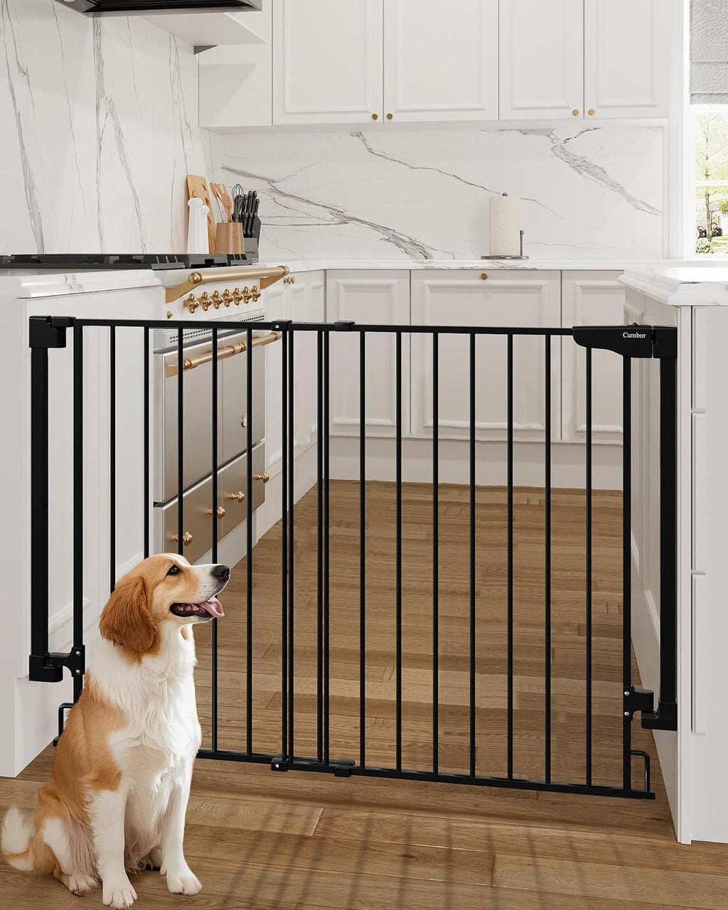 Expandable 31.6-48" No Bottom Bar Baby Gate for Stair, Wide Dog Gate | 2-in-1 Hardware Mounted, 28" Tall Pet Gate for Doorways with Large Walk Thru Door, Child-Proof Safety Gate for Kids (Black) - view 3