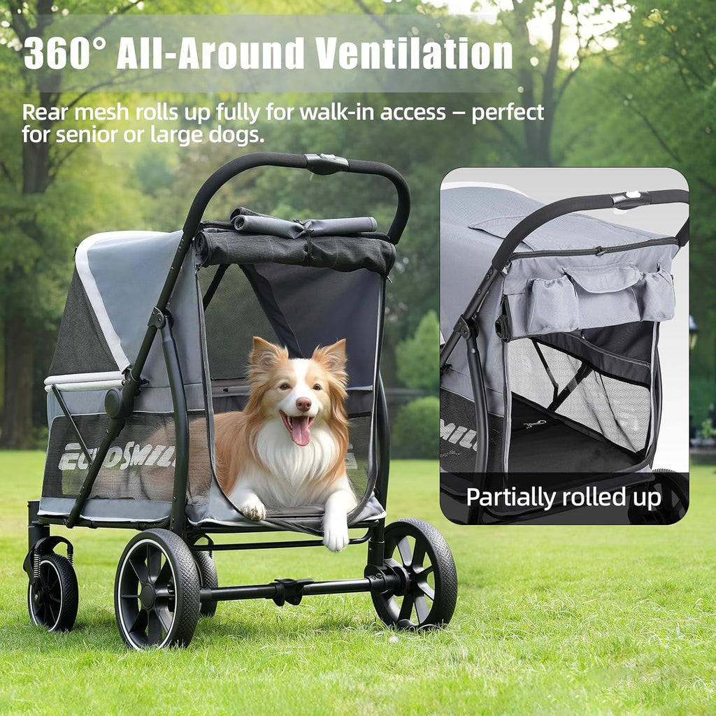 Dog Stroller for Large Dogs, 135lbs Weight Extra Large Pet Stroller, 4 Wheels Cats & Dogs Carrier with Brakes, Breathable Mesh Windows & Pocket, Gray - view 5