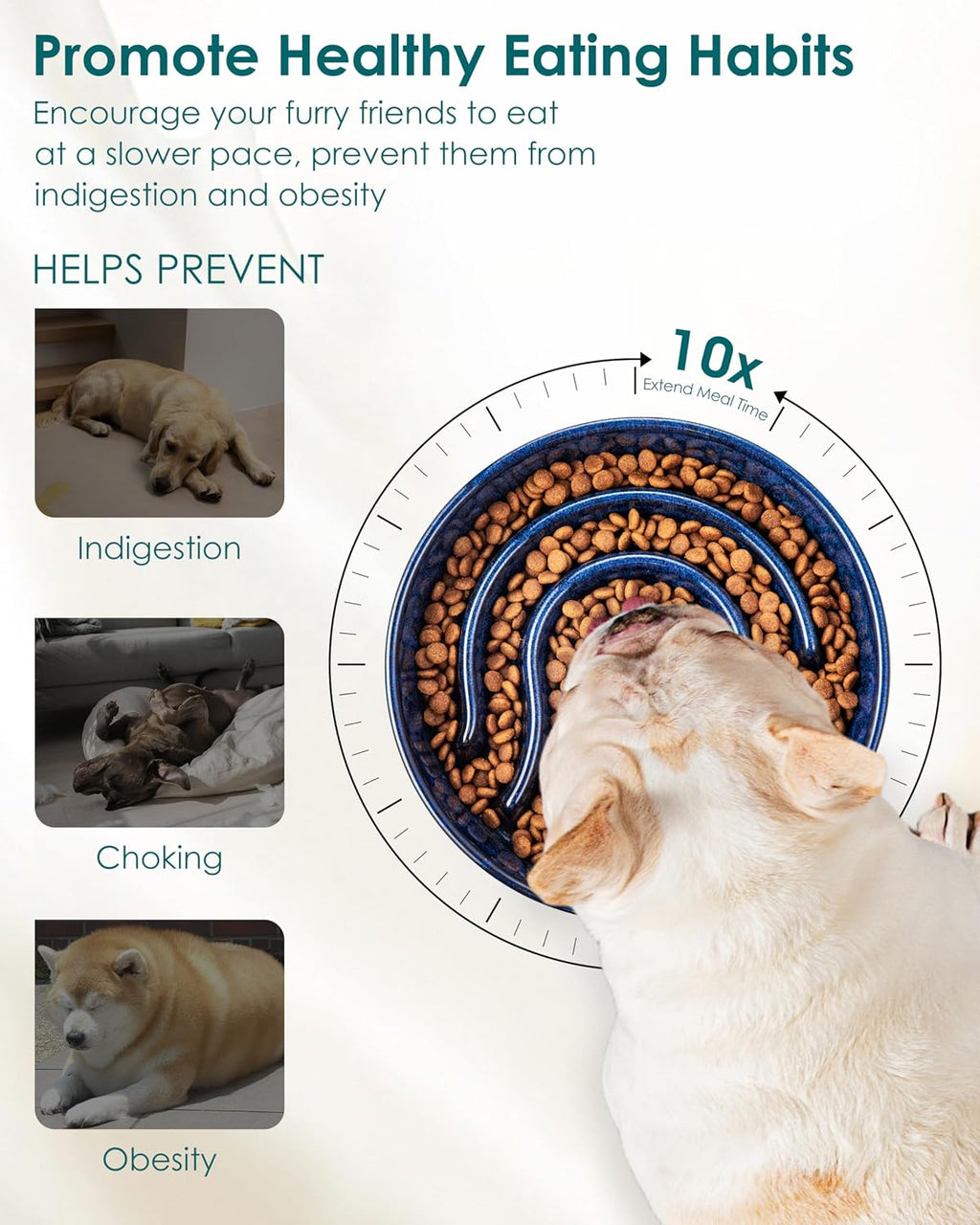 Slow Feeder Dog Bowl, 0.6 Cup Ceramic Slow Feeding Food Dish for Small Breed, Puzzle Dog Food Bowl for Fast Eater, Blue - view 3