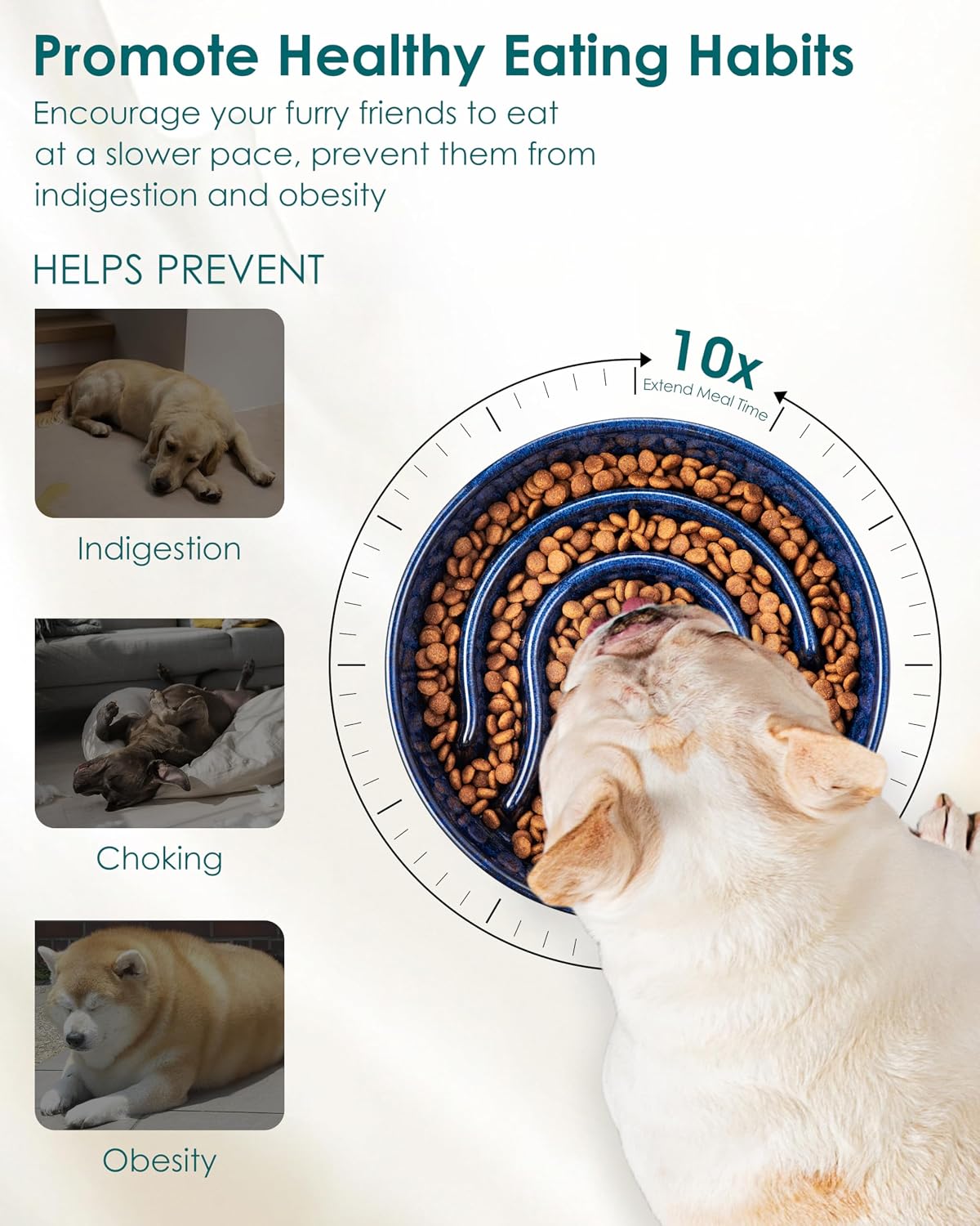 Slow Feeder Dog Bowl, 0.6 Cup Ceramic Slow Feeding Food Dish for Small Breed, Puzzle Dog Food Bowl for Fast Eater, Blue - view 3