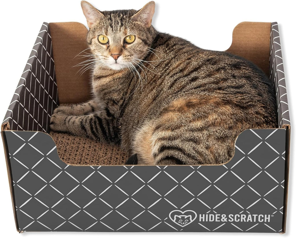 Cardboard Cat Scratcher Box & Bed - Dark Grey Diamond | Double-Sided Corrugated Pad for Indoor Cats | Refillable Scratching Board Toy for Play & Furniture Protection
