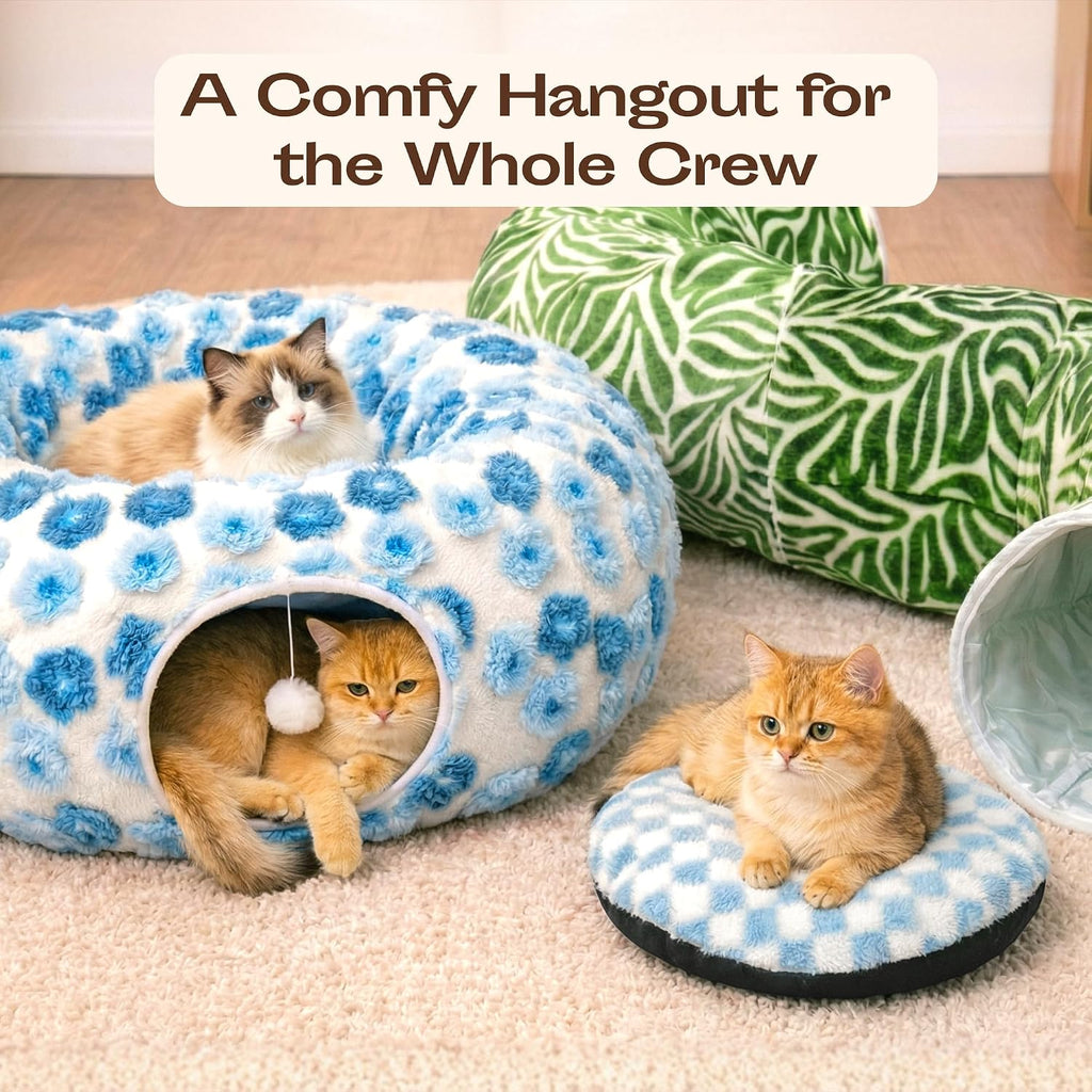 Indoor Cat Tunnel with Donut Bed - Large Flexible Play Space for Multiple Pets - Circle or Snake Shape, Cozy Lounge (Jungle Nest) - view 2