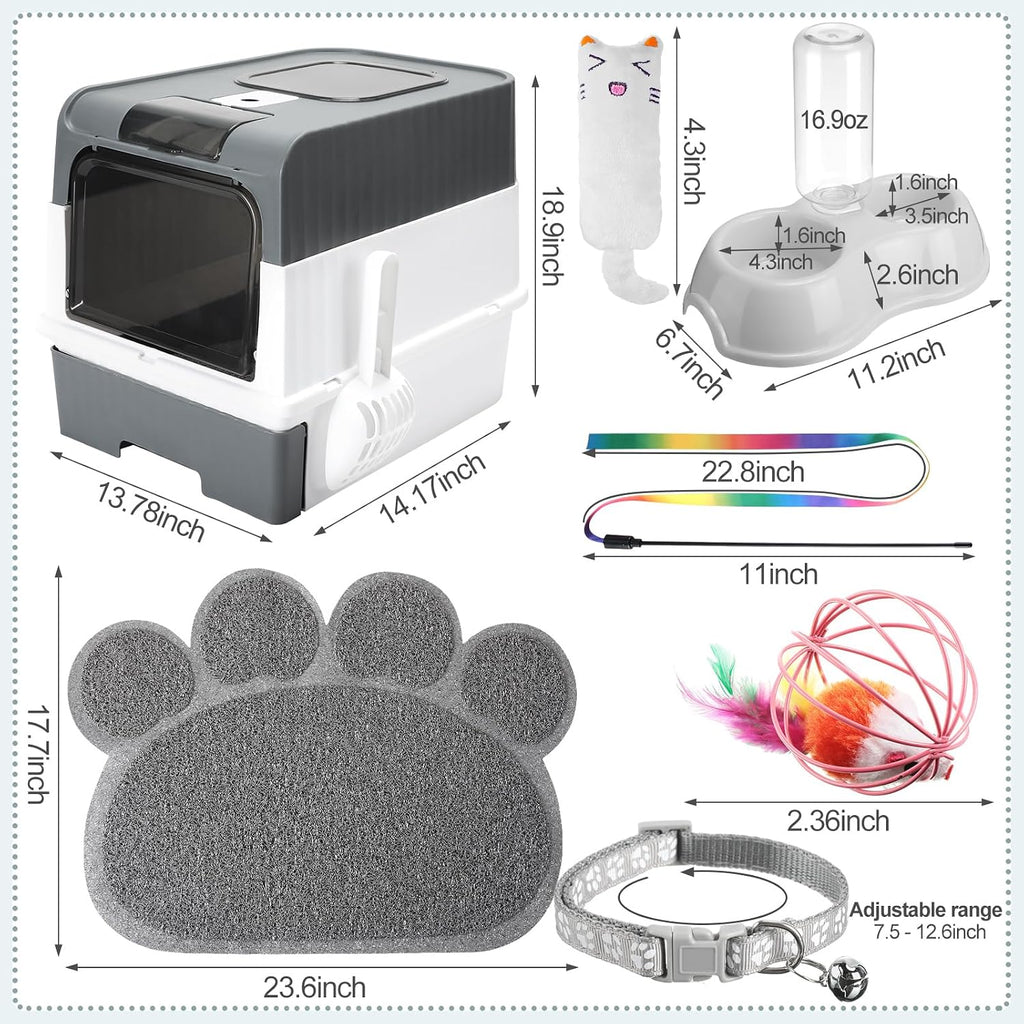 7 Pcs Small Cat Kitten Starter Kit Cat Litter Box with Shovel Paw Litter Mat Double Automatic Bowls Toy Teaser Stick Kitten Collar Essentials Kits for 1-3 Lbs Beginner(Gray) - view 2