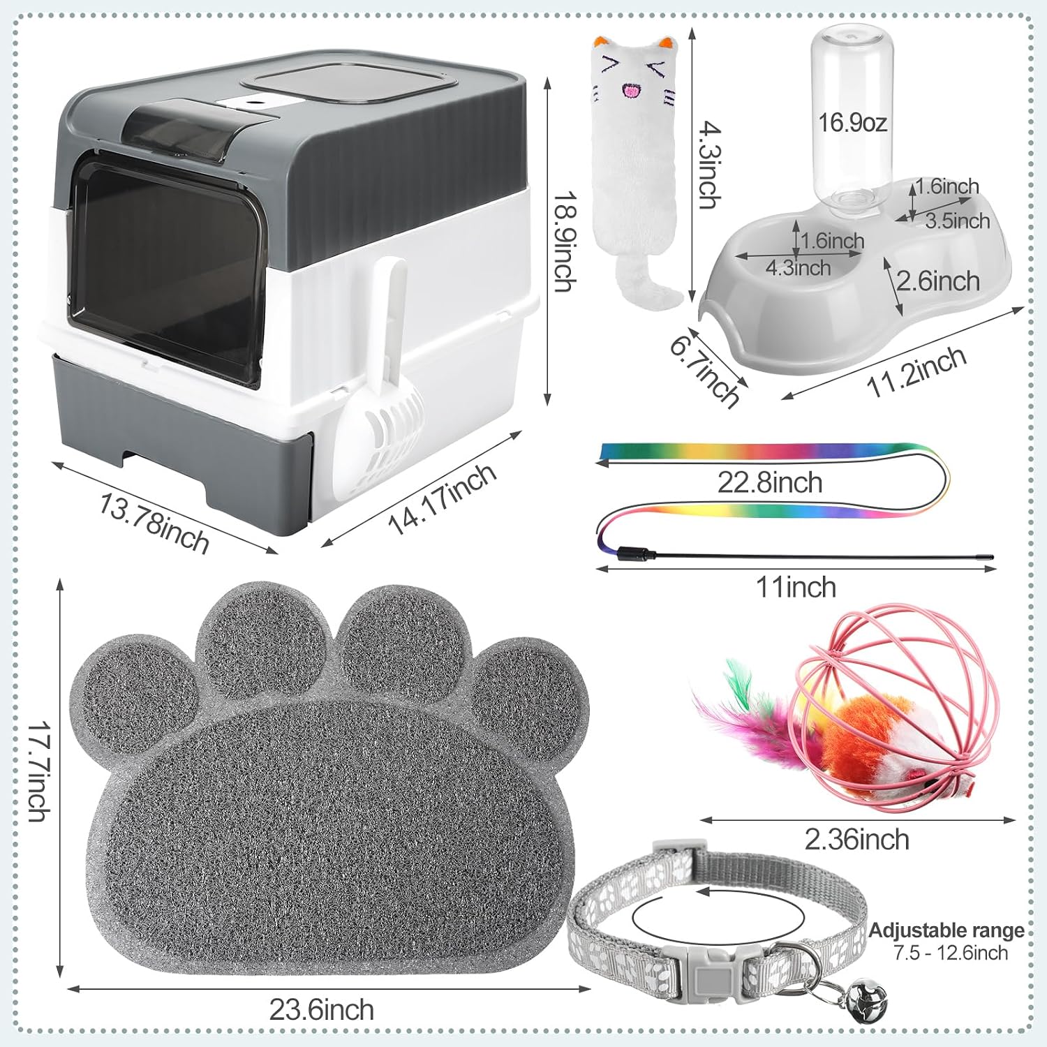 7 Pcs Small Cat Kitten Starter Kit Cat Litter Box with Shovel Paw Litter Mat Double Automatic Bowls Toy Teaser Stick Kitten Collar Essentials Kits for 1-3 Lbs Beginner(Gray) - view 2