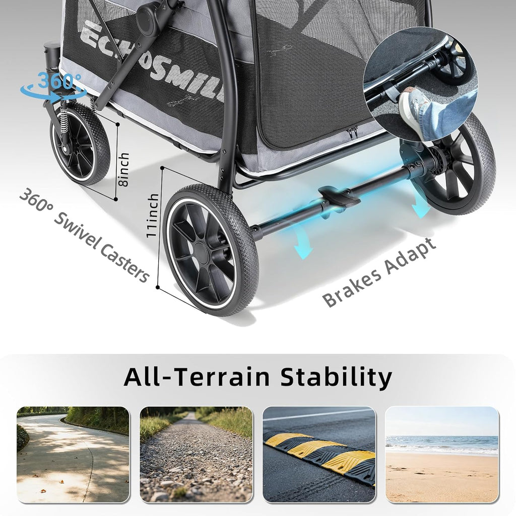 Dog Stroller for Large Dogs, 135lbs Weight Extra Large Pet Stroller, 4 Wheels Cats & Dogs Carrier with Brakes, Breathable Mesh Windows & Pocket, Gray - view 4