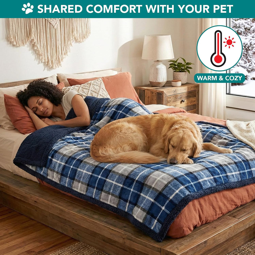 Dog Blanket for Small Medium Dogs and Cats, Soft Sherpa Fleece Pet Blanket Throw Puppies Kittens, Reversible Plush Couch Cover Protector Sofa Bed Crate, Machine Washable, 60x40, Plaid Navy Blue - view 4