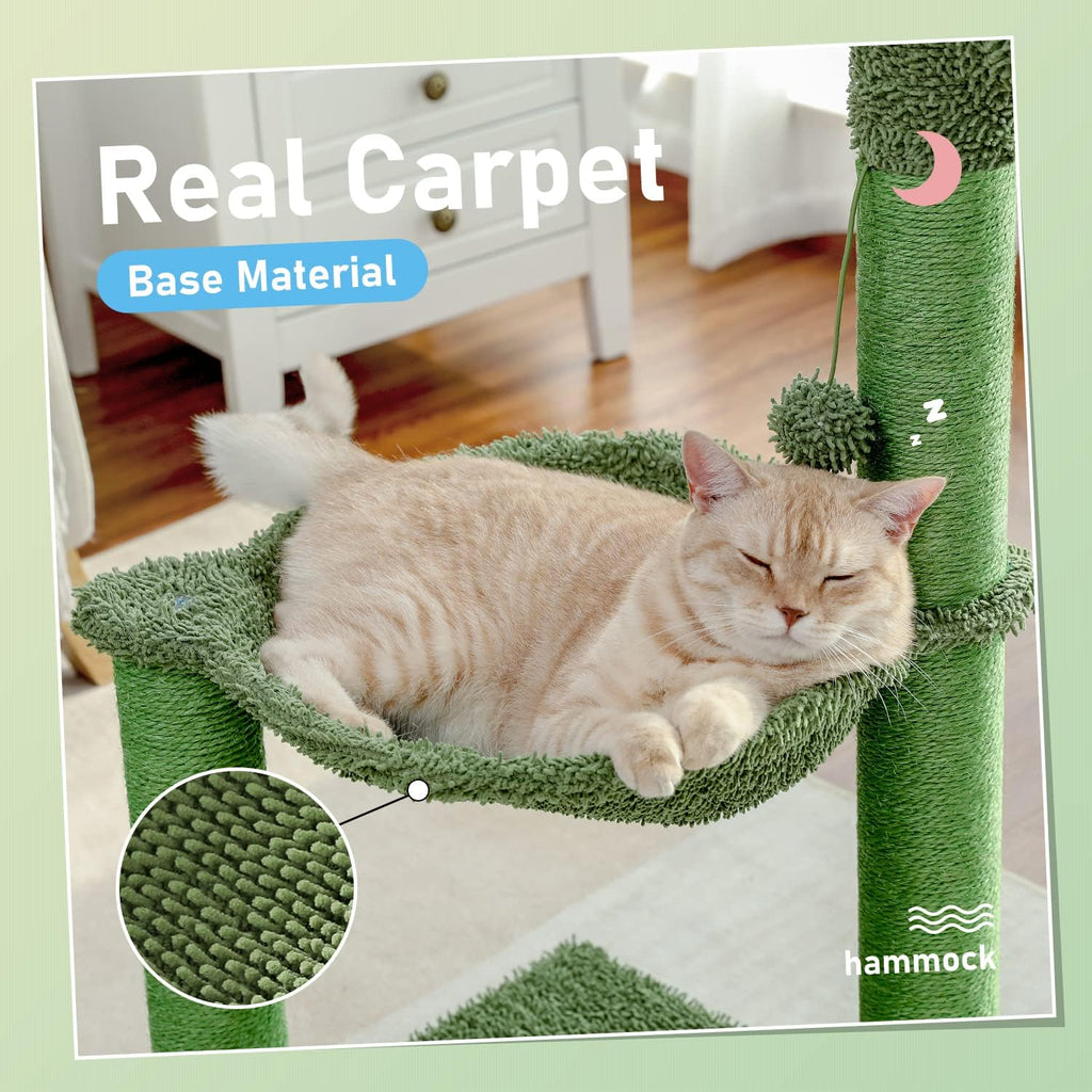 Cactus cat scratching post, 33" cat tree with hammock & scratch | tall cactus scratcher with large 15.7" dia hammock, dangling ball & durable sisal posts for indoor & large cats - view 6