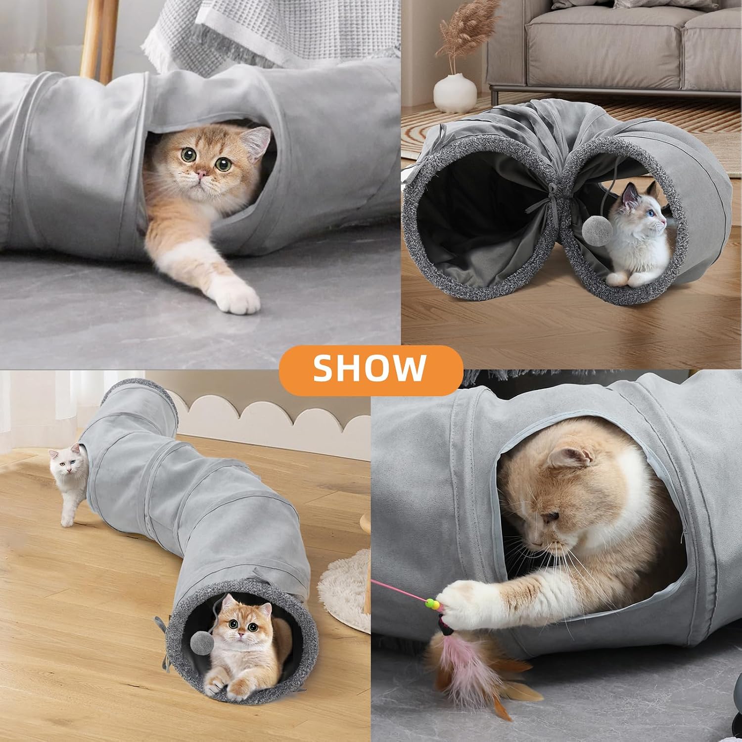 Pet Cat Tunnel Tube Cat Toys 2 Way Collapsible, Tunnels for Indoor Cats,S-Shaped Play Tube with Peephole and Hanging Ball,10.5" Maze Cats House for Puppies, Rabbits, Kitty, Kitten,Ferrets - view 8