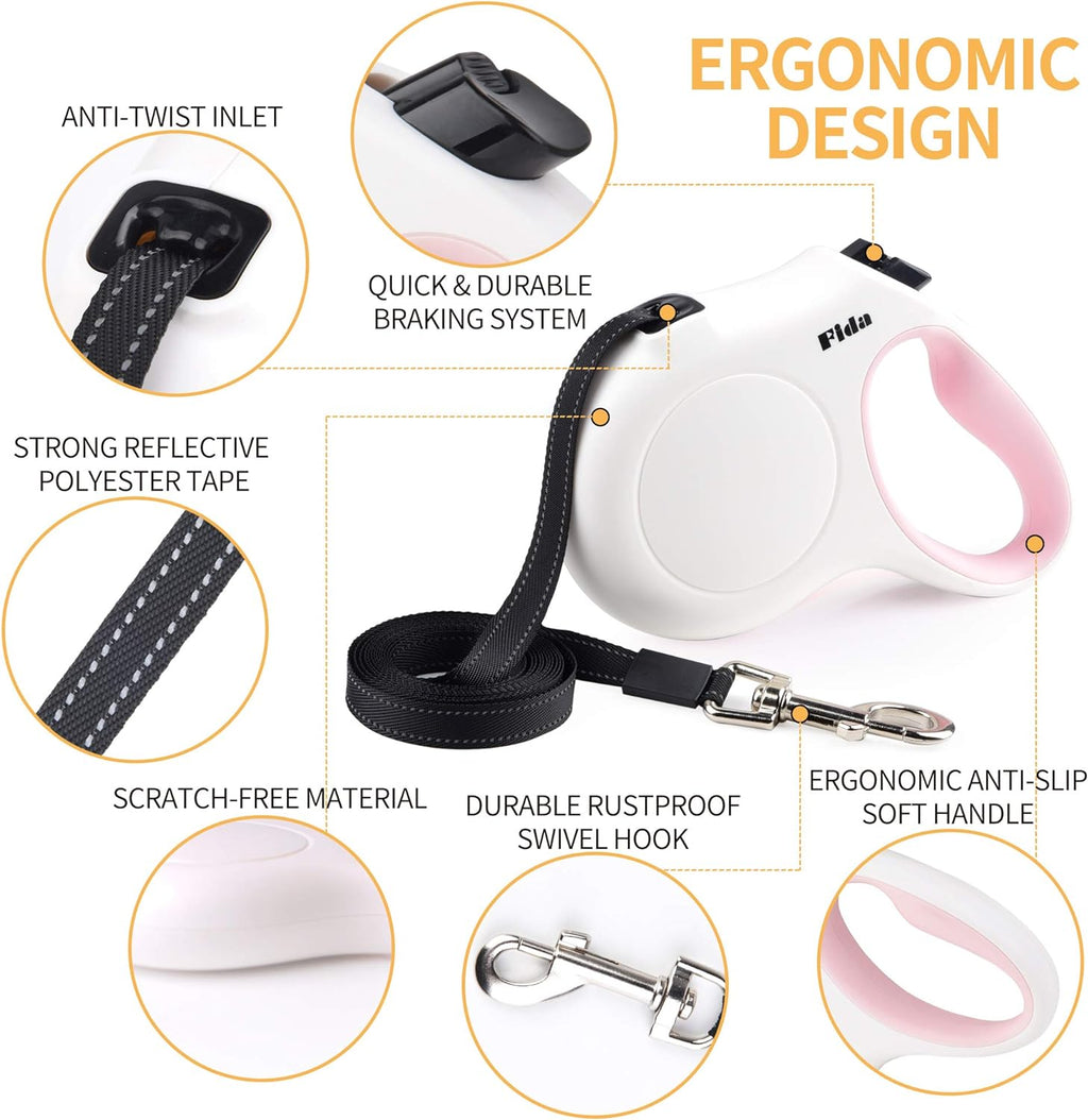 Fida Retractable Dog Leash for Small Breed up to 26 lbs, 16 ft Pet Walking Leash with Dispenser and Poop Bags, Anti-Slip Handle, Reflective Strong Nylon Tape, One-Handed Brake (S, White & Pink) - view 3