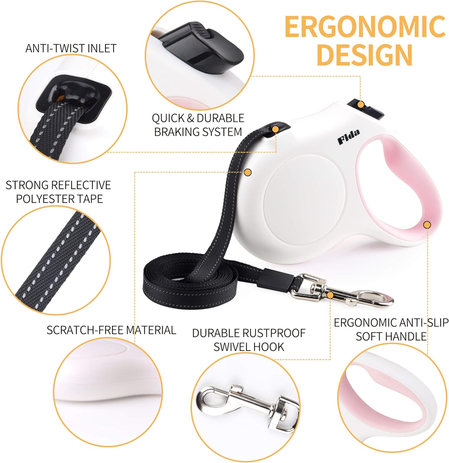 Fida Retractable Dog Leash for Small Breed up to 26 lbs, 16 ft Pet Walking Leash with Dispenser and Poop Bags, Anti-Slip Handle, Reflective Strong Nylon Tape, One-Handed Brake (S, White & Pink) - view 3