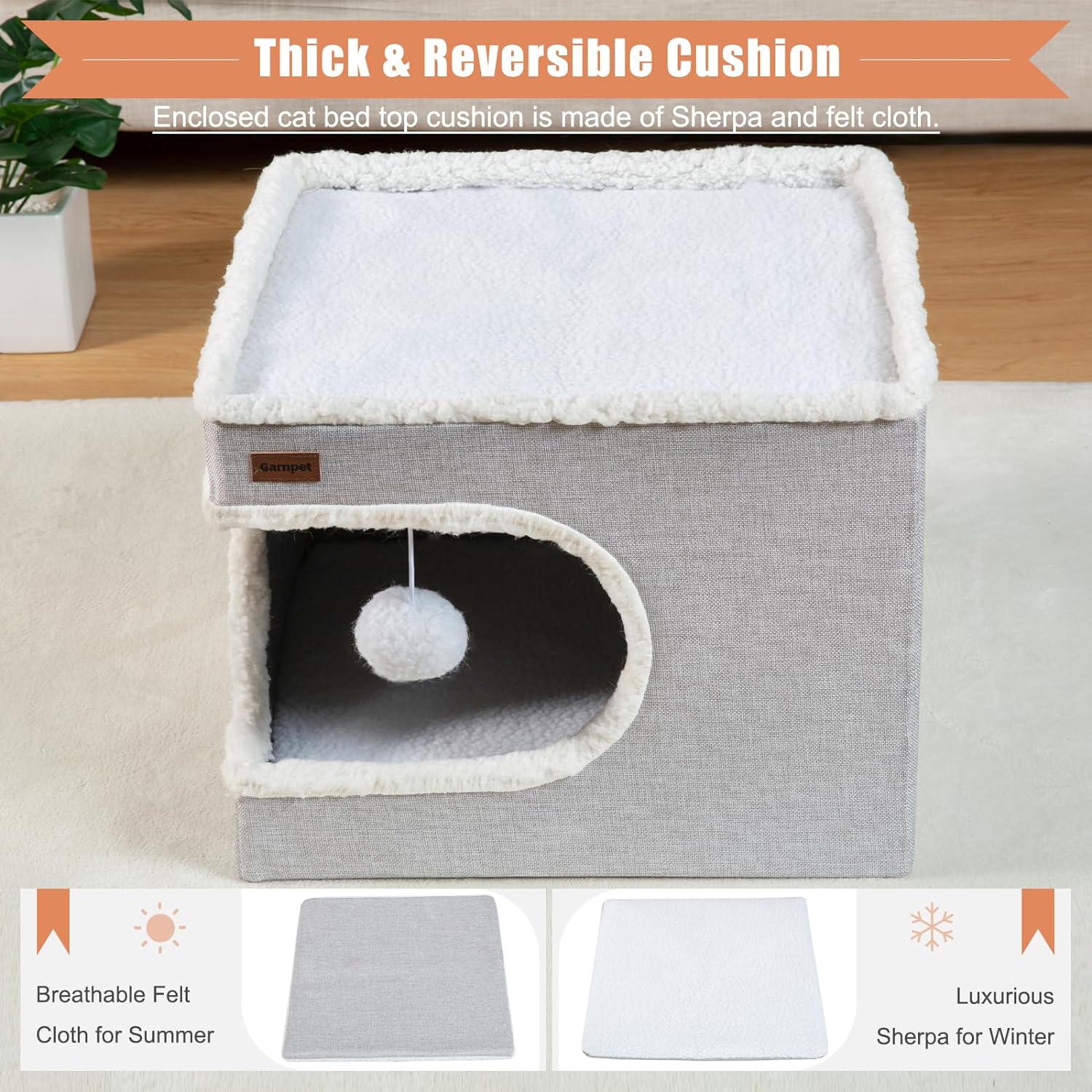 Cat Bed for Indoor Cats Cube House, Covered Cat Cave Beds & Furniture with Scratch Pad and Hideaway Tent, Cute Modern Cat Condo for Multi Small Pet Large Kitten Kitty, Grey - view 3