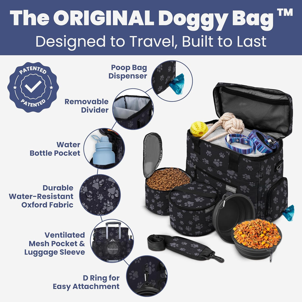 Dog travel bag for supplies with travel bowls | 2 BPA-free collapsible bowls, 2 pet food containers, TSA-ready, road trips, camping, weekend getaways, paw print - view 2
