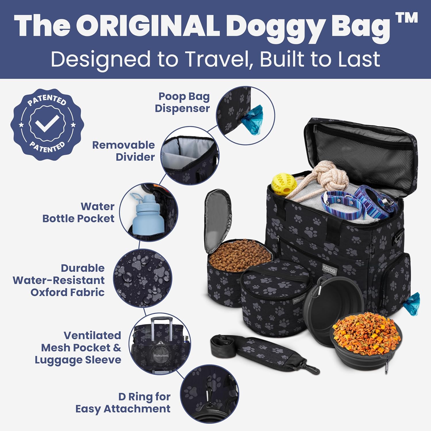 Dog travel bag for supplies with travel bowls | 2 BPA-free collapsible bowls, 2 pet food containers, TSA-ready, road trips, camping, weekend getaways, paw print - view 2