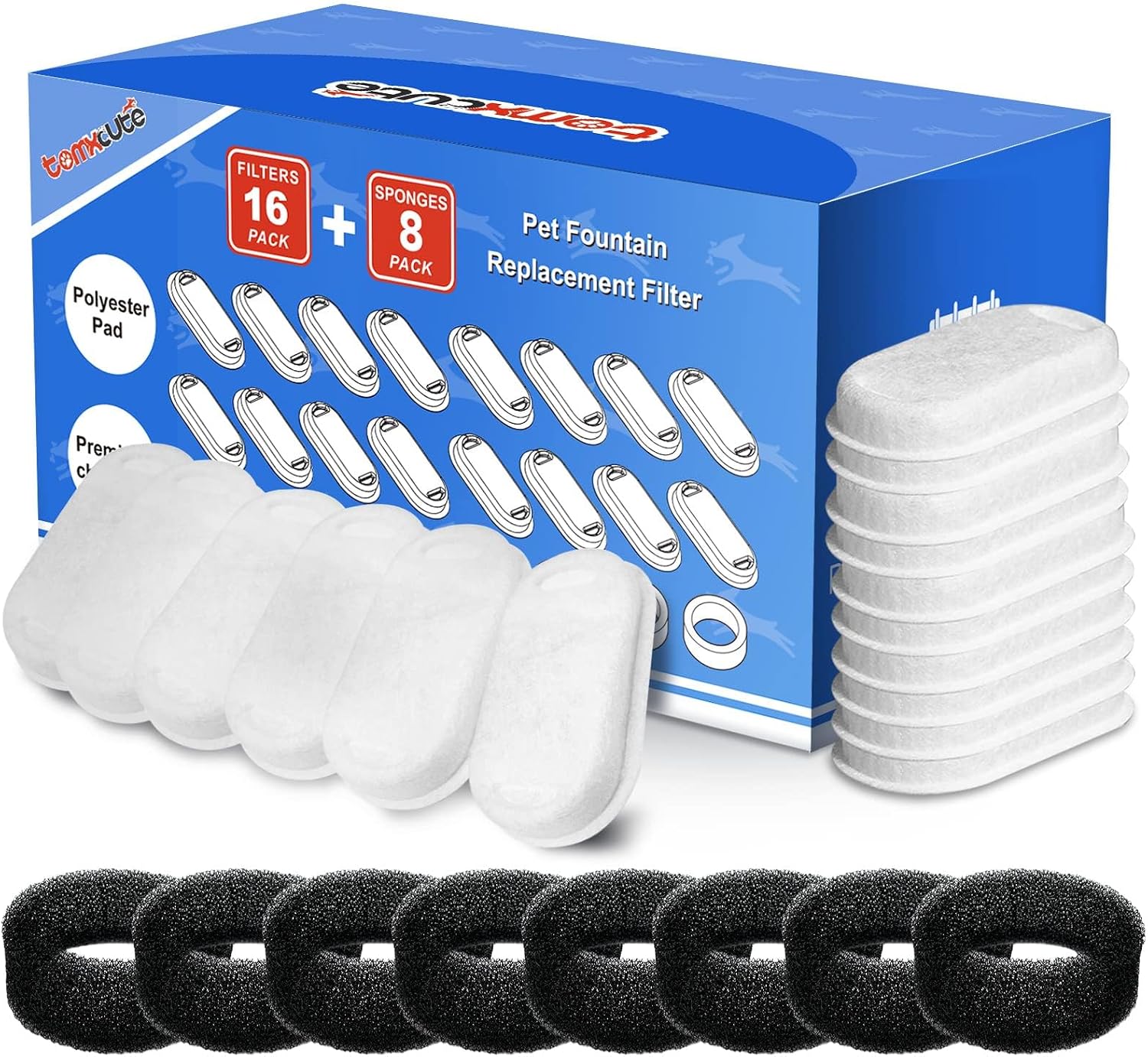 Official Cat Water Fountain Replacement Filters (16+8 Pack) | 8 Month Set, Cat Fountain Filter for 3.2L/108oz & 4L/135oz Pet Water Fountain, Three-Layer Filtration Replacement Filters