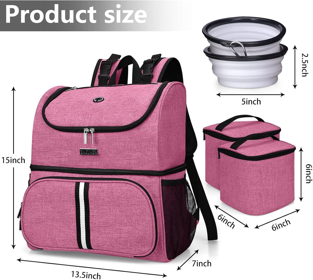 Pet Travel Bag, Double-Layer Pet Supplies Backpack (for All Pet Travel Supplies), Pet Travel Backpack with 2 Silicone Collapsible Bowls and 2 Food Baskets Pink - view 3