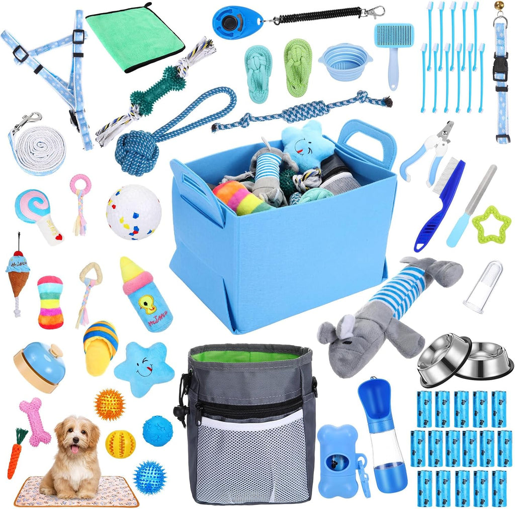 65 pcs puppy supplies starter kit small dog essentials includes dog leash, toys, bowl, brushes, water bottles, pet blankets puppy accessories for new welcome gift supplies (cool, blue)
