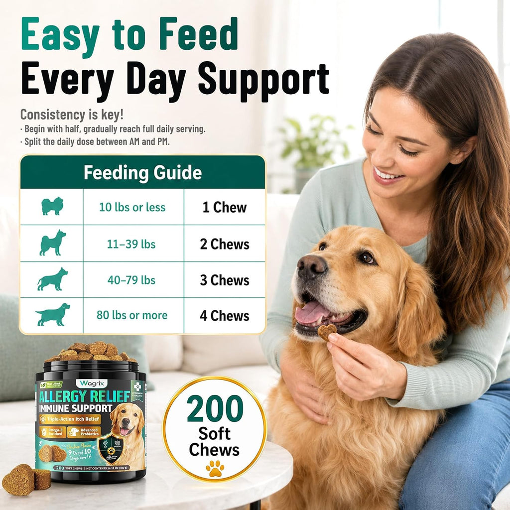 Dog Allergy Chews Omega 3 is Human, Itch Relief for Dogs Multivitamin 200ct | Premium Colostrum Probiotics, for Paw Licking, Yeast Ear, Seasonal Allergies, Immune Gut Support, All Breeds & Ages, Chicken - view 8