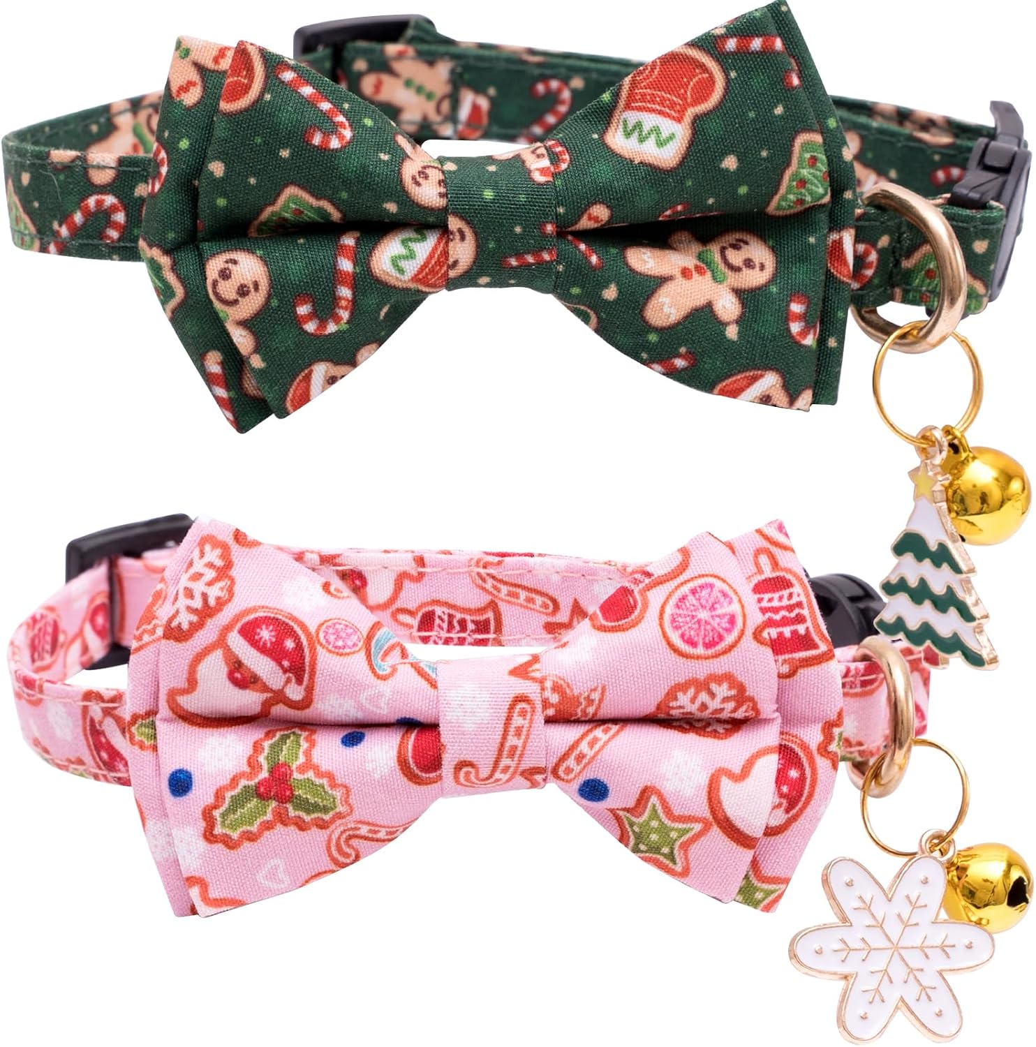 2 Pack Christmas Cat Collars - Cute Holiday Collars with Bow Tie, Breakaway, Pink & Green, Winter, for Boy & Girl Cats
