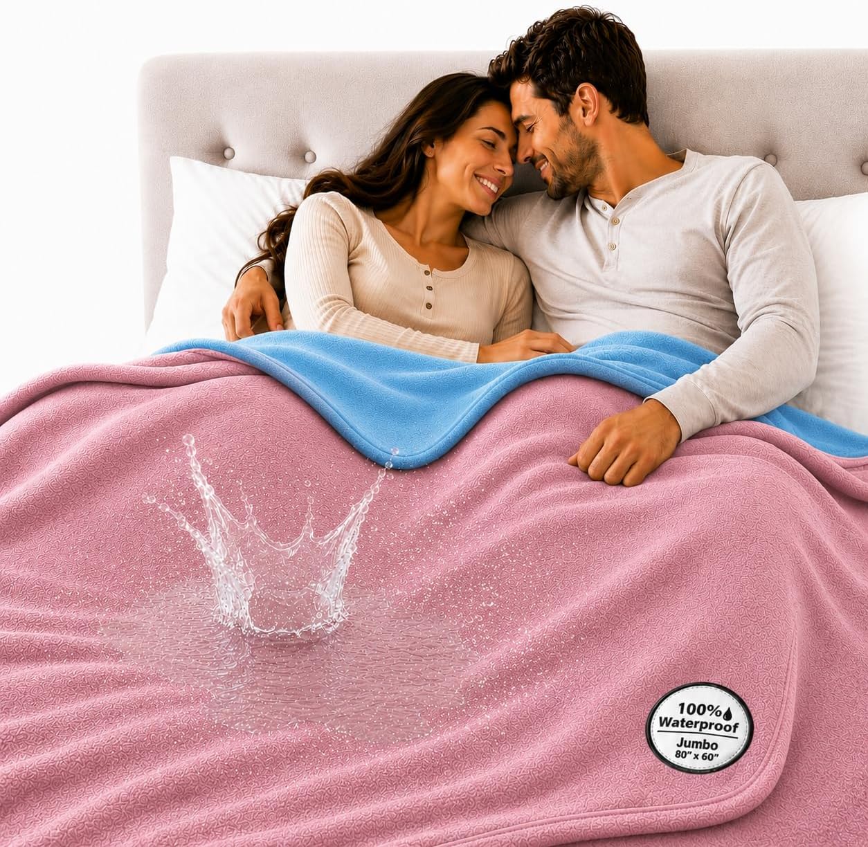 Pink/blue waterproof blanket jumbo 80x60 | 100% leakproof for messy moments, pets and spills, machine wash & dry