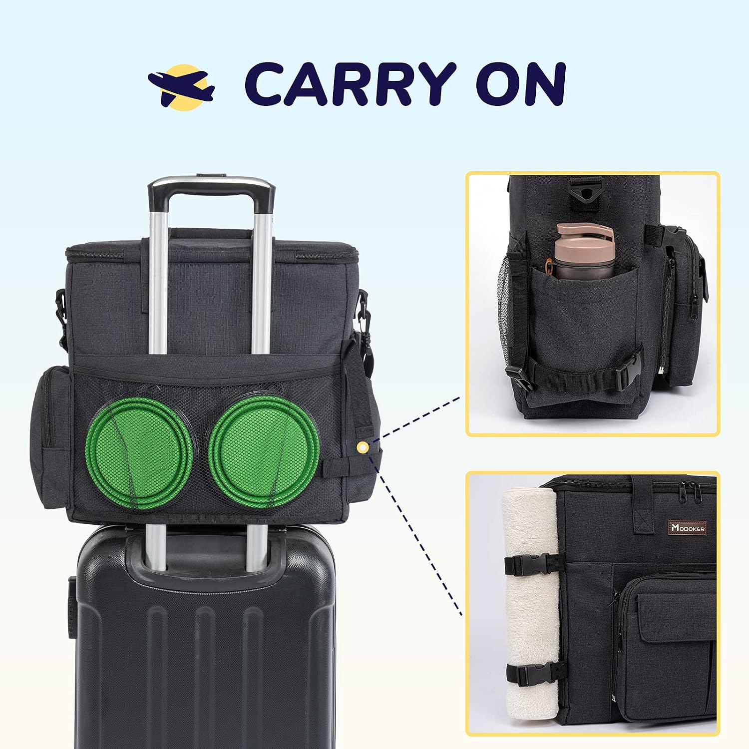 Dog Travel Bag with 2 Collapsible Dog Bowls, 1 Dog Backpack, Airline Approved Pet Travel BagOrganizer for Supplies & Accessories, 2 Travel Dog Food Container, Black | Dog travel accessories set with feeding supplies, bowls, mat, and strap. Ideal for weeke - view 4